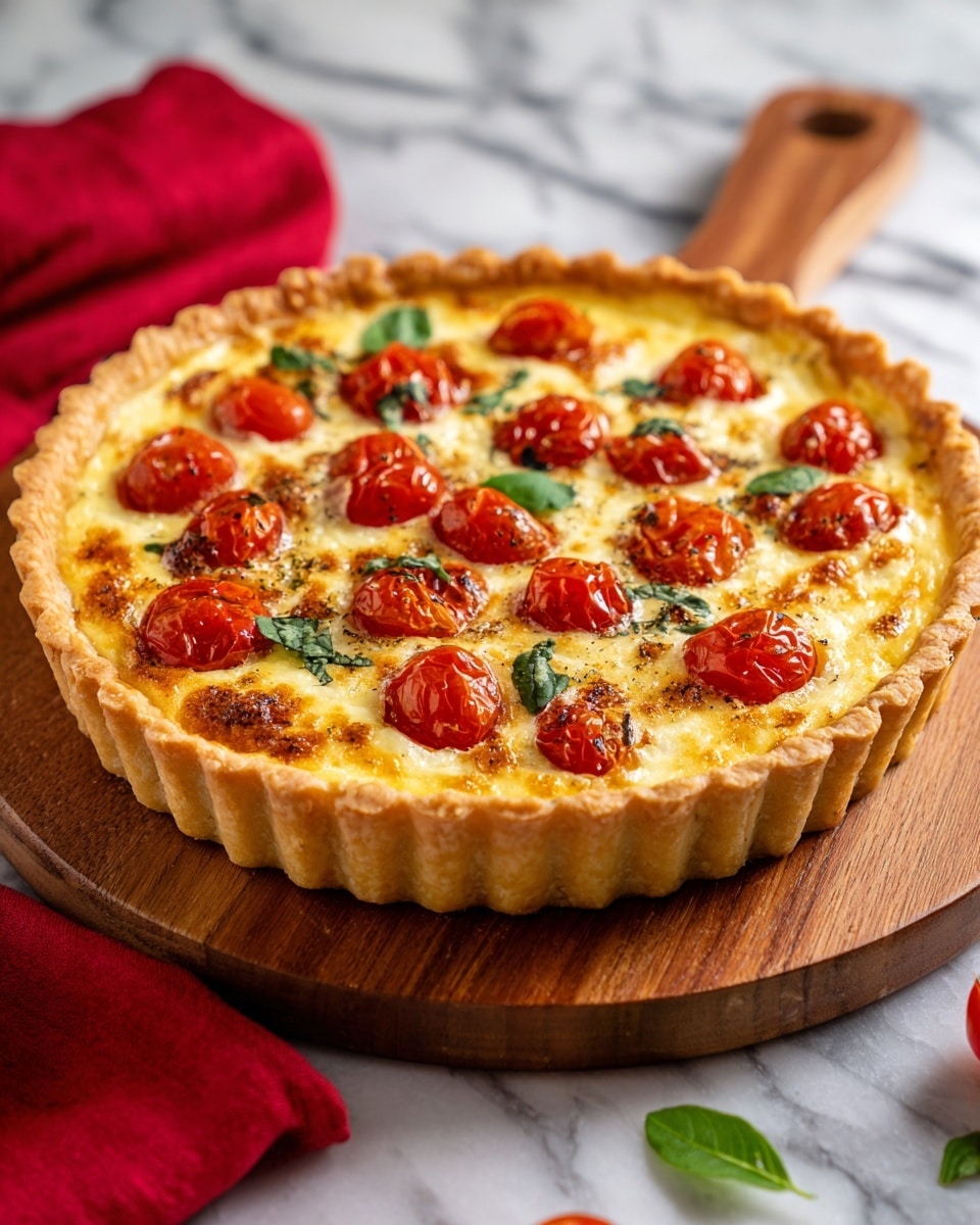 A round tart with three visible layers: the bottom crust is a golden brown thick pastry with a ridged edge, holding the filling inside; the middle layer is a baked creamy custard that is light beige with small specks of herbs; the top layer is made of halved cherry tomatoes, bright red with slightly roasted edges, spread evenly over the custard, and garnished with a few small green basil leaves. The tart is placed on a round wooden board with a handle, set on a white marbled surface. photo taken with an iphone --ar 4:5 --v 7