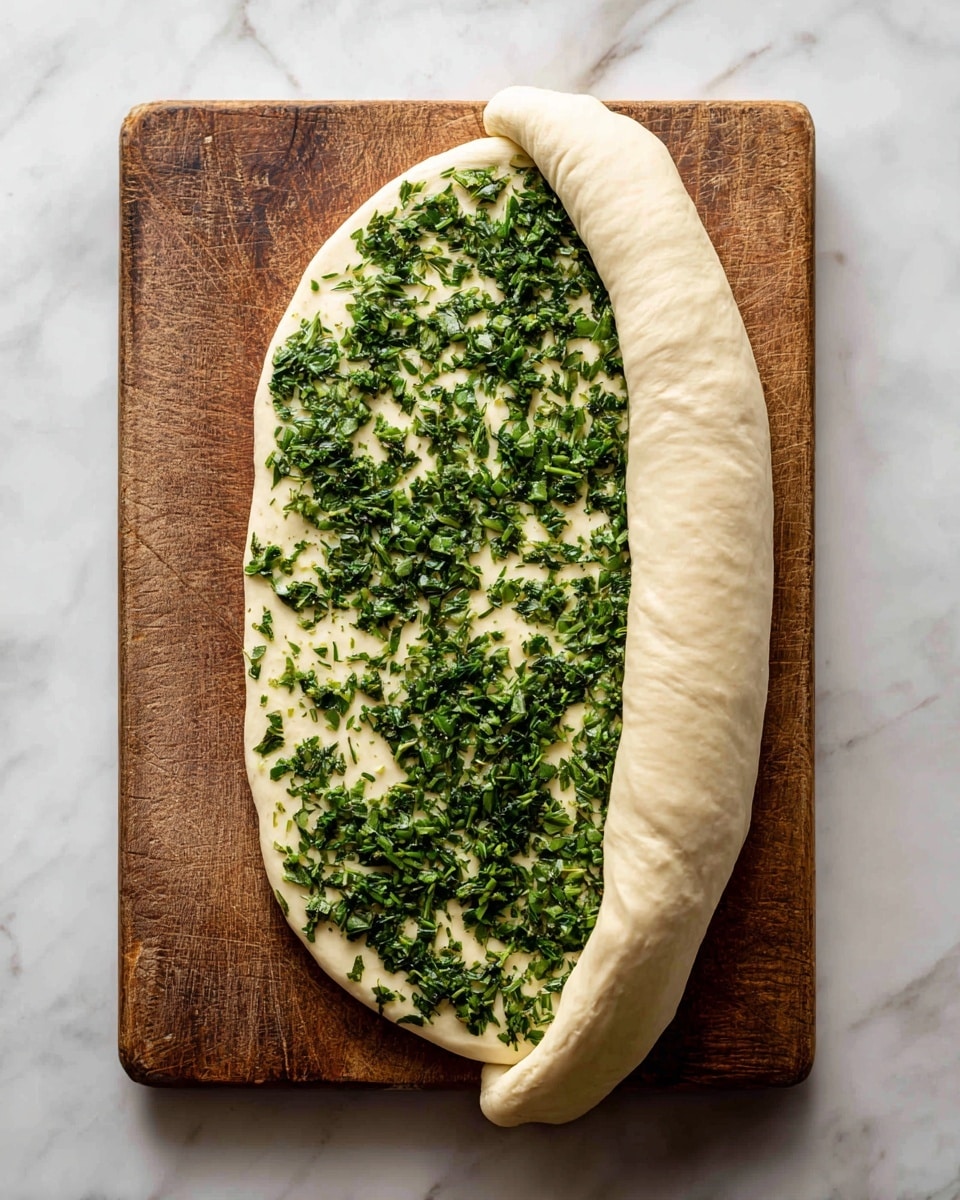 A long oval piece of light beige dough is placed on a wooden board. One side of the dough is spread with a layer of finely chopped green herbs, covering almost half of the dough’s surface. The dough is being rolled from the herb-covered edge to the plain edge, creating a thick, smooth roll on one side and flat herb-covered dough on the other. The textures show a soft, smooth dough with fresh, leafy herbs scattered evenly. The background is a white marbled texture. photo taken with an iphone --ar 4:5 --v 7