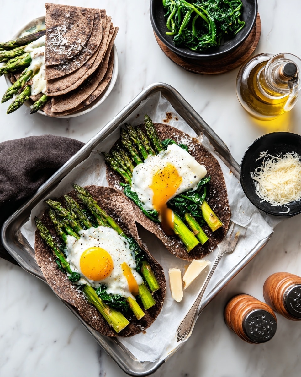 The image shows two open wraps on a silver tray laid on a white marbled surface. Each wrap has three green asparagus spears placed lengthwise on a dark brown flatbread base. Under the asparagus, there is a layer of cooked dark green spinach, and on top, there is a light white poached egg standing out with a fluffy texture. To the side, there is a small white plate with folded dark brown flatbreads on a dark cloth napkin, a bowl of cooked spinach with a black spoon, a black plate with fresh green asparagus on white paper, a small wooden board with grated white cheese, a small glass bottle with oil, and salt and pepper grinders, all arranged neatly. The colors range from bright green asparagus, dark flatbreads, white eggs, and shiny metal tray, set on the clean white marbled background. photo taken with an iphone --ar 4:5 --v 7