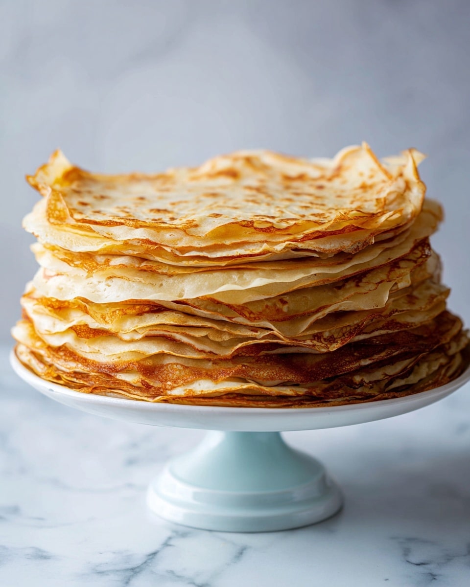 A stack of thin, round crepes, about eight layers high, sitting on a white plate with a light green base. Each crepe is light golden brown with slightly crisp edges, showing soft, smooth textures on top and delicate, uneven lace-like borders around the sides. The background features a white marbled texture, adding a clean, bright contrast to the warm tones of the crepes. Photo taken with an iphone --ar 4:5 --v 7