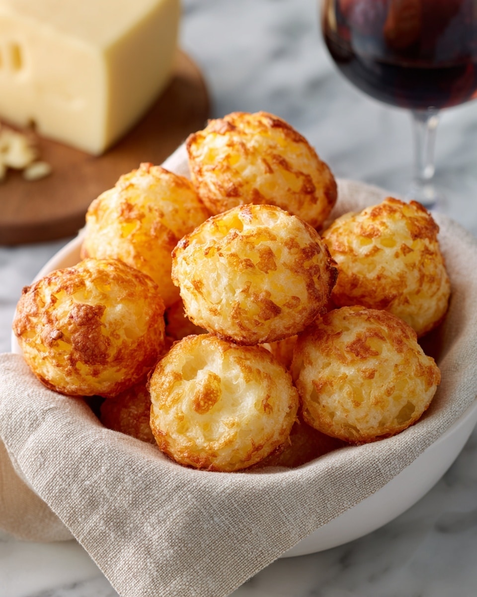 A white bowl filled with about ten round, golden brown puffed cheese bread balls, each with a slightly rough and crispy textured surface. The bowl is lined with a natural beige cloth napkin that folds over the edges and inside, cradling the bread balls. In the blurred background, there is a block of hard cheese resting on a wooden board, all placed on a white marbled surface. photo taken with an iphone --ar 4:5 --v 7