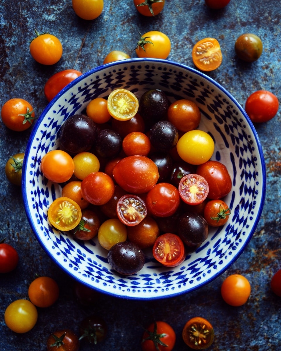 A white bowl with blue geometric patterns is filled with many small, round tomatoes in red, yellow, orange, and dark purple colors, some whole and some cut in half showing bright juicy insides; the bowl sits on a dark textured surface with more tomatoes of similar colors scattered around it; photo taken with an iphone --ar 4:5 --v 7