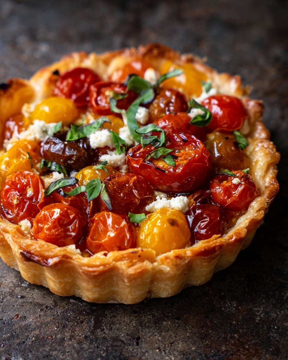 The image shows a small round galette with one thick, golden brown crust layer pulled up around the edges, creating a rustic open tart look. Inside the crust, there is a colorful mix of roasted cherry tomatoes in red, orange, and yellow, with a shiny, cooked texture. Scattered on top are small white crumbles of cheese and pieces of green fresh herbs sprinkled evenly. The galette sits directly on a dark textured surface replaced by white marbled texture in the prompt. Photo taken with an iphone --ar 4:5 --v 7