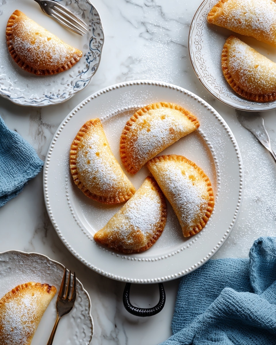There is one golden-brown half-moon shaped fried pastry on each of two small white plates, each lightly dusted with powdered sugar and paired with a fork placed diagonally on the plates; below them, a larger white plate holds ten more of these pastries stacked closely together, all also dusted with powdered sugar, and this plate is inside a black pan with silver handles; the scene includes scattered powdered sugar and a tea strainer on a white marbled surface with a light blue textured cloth partially visible on the side. photo taken with an iphone --ar 4:5 --v 7