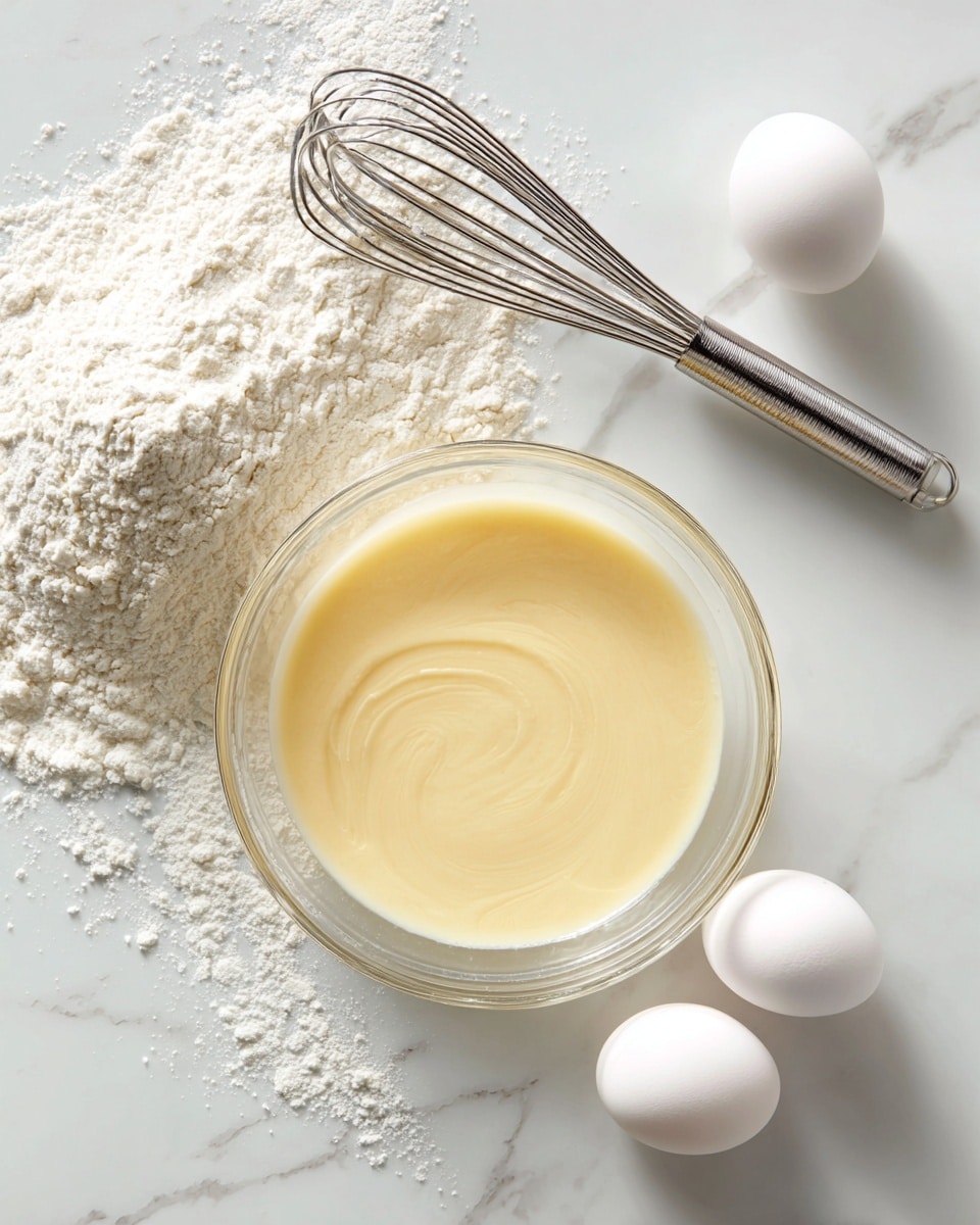 The image shows a clear glass bowl with a smooth, light yellow batter inside, placed on a white marbled surface. Above the bowl, there is a metal whisk with a long handle and thin wires. To the left side, a metal measuring cup filled with white flour rests on the surface, with some flour spilled around it. On the right side, three white eggs are arranged vertically, with their smooth shells clearly visible. The overall scene is bright, clean, and simple, highlighting the key ingredients for baking photo taken with an iphone --ar 4:5 --v 7