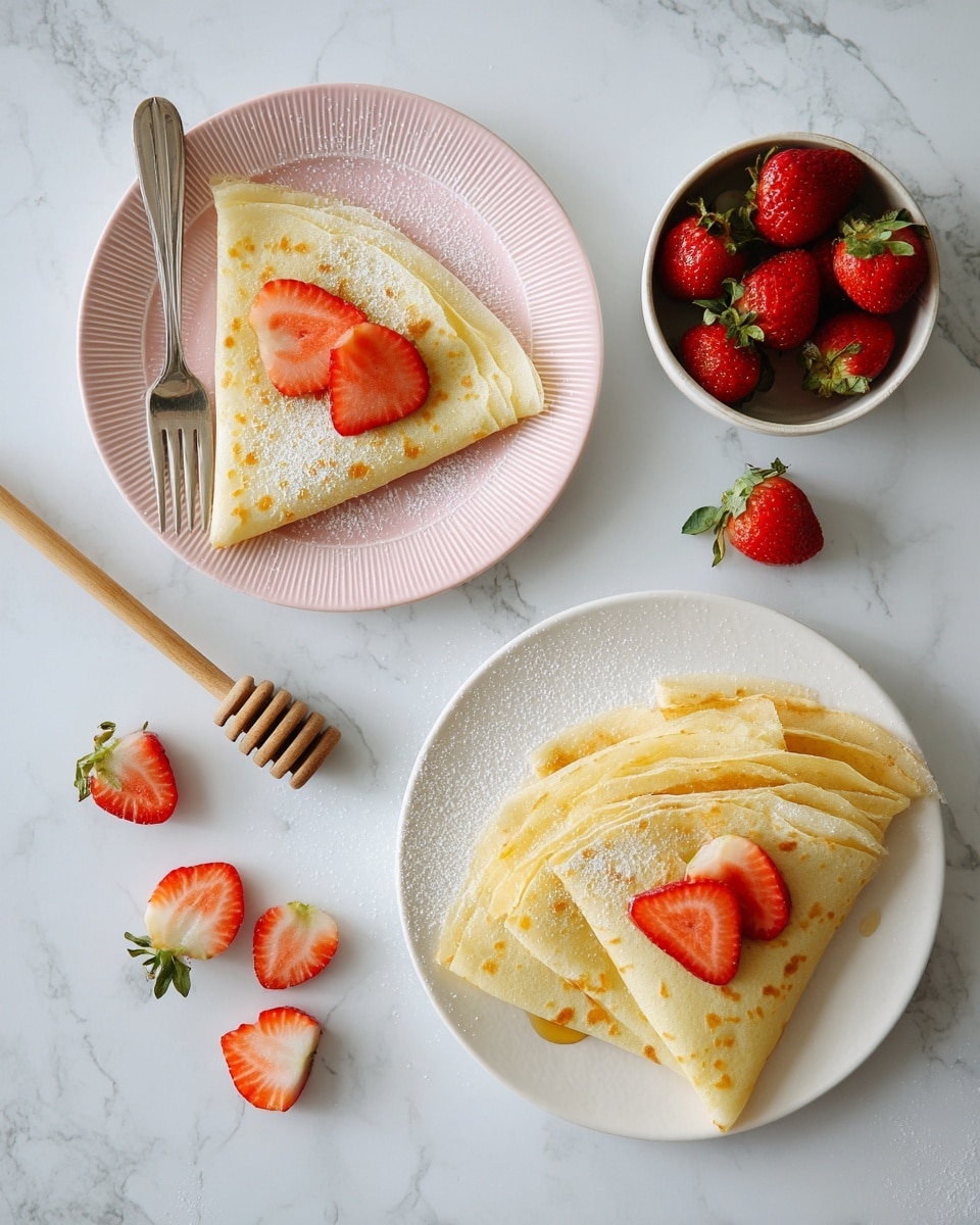 The image shows two plates of thin, golden crepes on a white marbled surface. The first plate at the top left has two folded crepes with slightly browned spots, topped with three bright red sliced strawberries on the left side. A small silver fork rests on the plate. The second plate at the bottom right holds four folded crepes, lightly dusted with white powdered sugar, arranged in a slightly overlapping pattern. To the top right, there is a white bowl filled with whole red strawberries with green leaves. Near the bottom left, sliced strawberries are scattered on white parchment paper, next to a honey dipper with thick honey dripping from it. The overall color scheme is light and fresh, with a soft natural light illuminating the scene. photo taken with an iphone --ar 4:5 --v 7