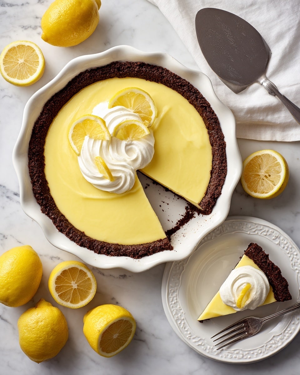 A lemon pie with a golden-brown crust in a white scalloped pie dish is centered on a white marbled surface. The top layer is smooth and yellow, with a swirl of white whipped cream and three lemon slices placed on the right side of the swirl. To the lower right, there is a white plate with a patterned design holding one slice of the pie topped with a thick layer of white whipped cream. A silver fork rests on the plate beside the slice. Around the pie, there are four bright yellow lemons scattered on the white marbled surface, and a metal pie server with a scalloped edge lies near the top right corner of the image. Photo taken with an iphone --ar 4:5 --v 7