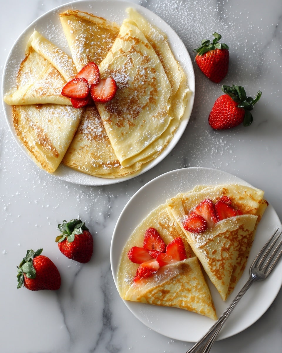 The image shows two white plates on a white marbled surface, both holding thin golden-brown crepes folded into triangles. The larger plate in the lower left corner is decorated with seven folded crepes arranged in a circular pattern, lightly dusted with powdered sugar. The smaller plate in the upper right corner has two folded crepes stacked and topped with several bright red sliced strawberries. Around the plates are whole fresh strawberries scattered casually, adding a pop of vibrant red color. A silver fork rests on the edge of the smaller plate. Photo taken with an iphone --ar 4:5 --v 7