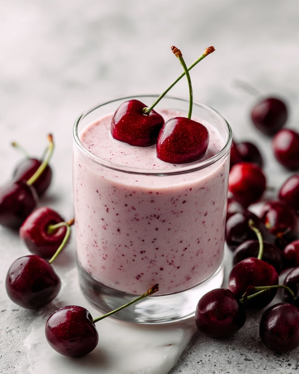 A clear, tall glass with a rounded bottom holds a smooth, light pink cherry smoothie filled to the top, with two whole dark red cherries resting on the surface, each with green stems. Around the base of the glass on the white marbled surface, there are several fresh dark red cherries scattered in small clusters, adding to the fresh look of the drink. The background also shows the white marbled texture clearly. photo taken with an iphone --ar 4:5 --v 7