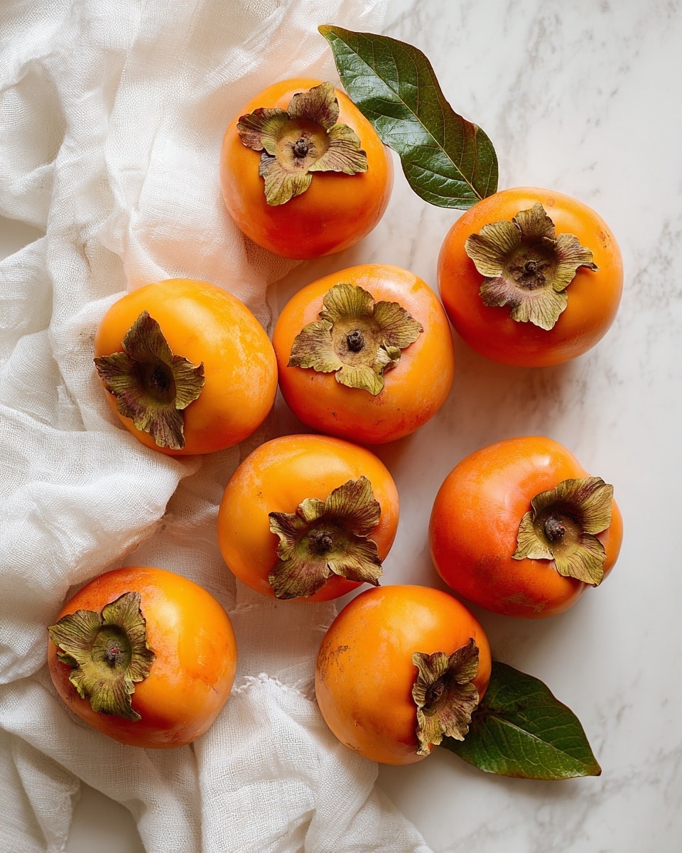 The image shows eight bright orange persimmons with brownish-green leafy tops scattered on a white marbled surface. A white cloth with soft folds is placed around the persimmons, mostly on the upper left side. The persimmons have smooth, round shapes with subtle natural blemishes. The overall scene is simple and clean, with a soft natural light enhancing the rich orange color of the fruit. photo taken with an iphone --ar 4:5 --v 7