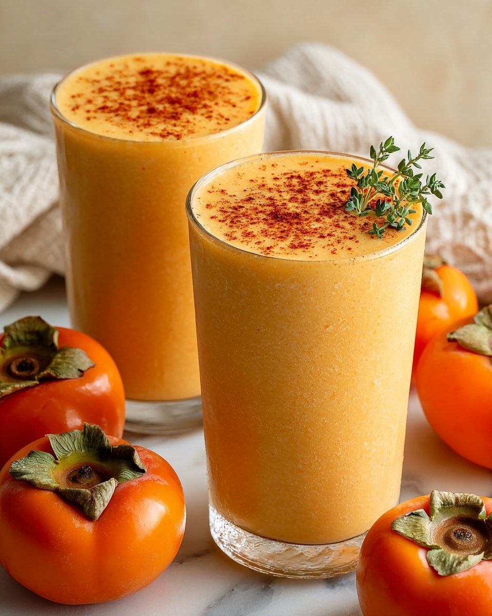 The image shows two clear glasses filled with a smooth, light orange creamy drink, topped with a light sprinkle of red powder and a small green thyme sprig on each. The glasses are placed on a white marbled surface, surrounded by several bright orange persimmons with green tops. A white cloth is softly laid in the back right corner, and the background has a light, warm beige tone. Photo taken with an iphone --ar 4:5 --v 7