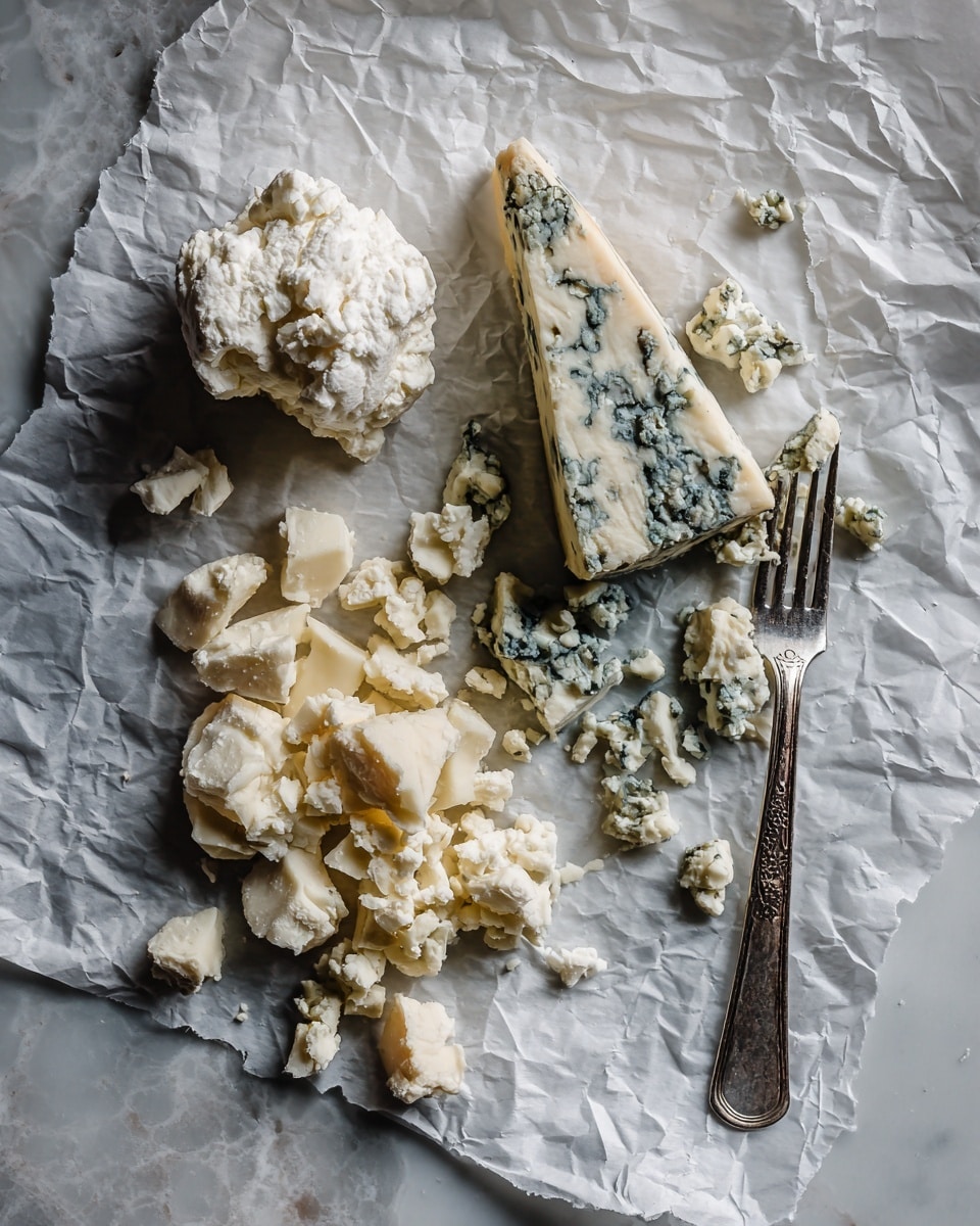 The image shows three types of cheese placed on a crumpled, gray parchment paper with a white marbled texture surface underneath. On the left is a ball of white crumbly cheese, which then spreads into looser chunks moving towards the center. On the right is a wedge of blue-veined cheese with blue and green mold visible throughout, spreading into smaller crumbles along the paper. A silver fork is positioned on the lower right side of the paper. The scene is simple with soft natural light highlighting the textures of the cheeses and the crinkled paper. photo taken with an iphone --ar 4:5 --v 7