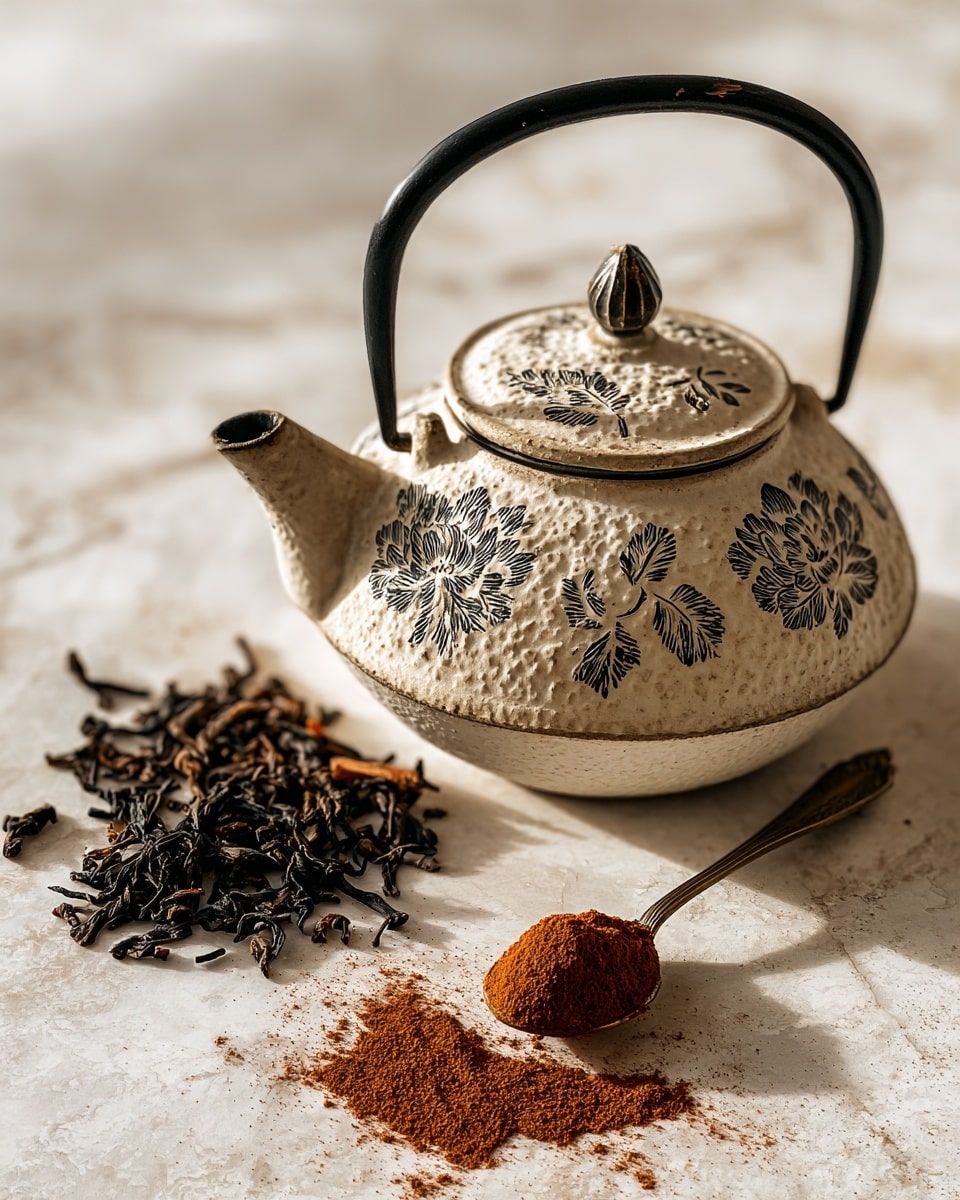 A white textured teapot with floral patterns and a black handle and spout lies on a white marbled surface. To the left of the teapot, there is a small pile of dark dried tea leaves scattered loosely. Below the teapot, a bronze spoon holds a heap of reddish brown powdered spice, with some powder spilled on the marbled surface around it. More scattered dark dried leaf pieces are spread near the spoon. The scene is softly lit and well composed. photo taken with an iphone --ar 4:5 --v 7