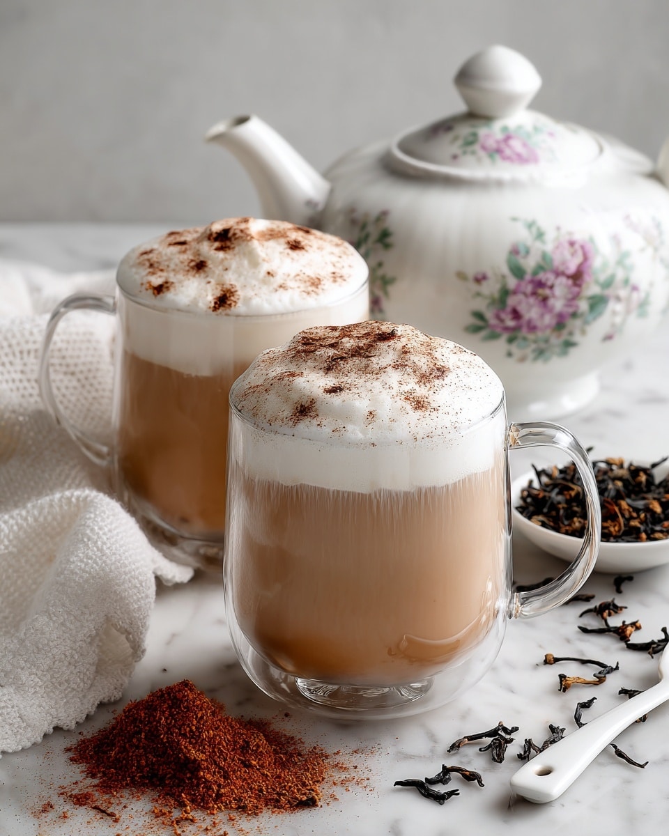 Two glass mugs filled with frothy white tea topped with brown powder flakes are placed on a white marbled surface, each mug featuring a golden handle. Next to them is a white, intricately patterned teapot with a black spout and handle, positioned near scattered tea leaves, a small pile of brown powder, and a white spoon with some white powder on it. A white cloth is visible on the left side, adding texture to the scene. The overall setting has a clean, light, and airy feel photo taken with an iphone --ar 4:5 --v 7