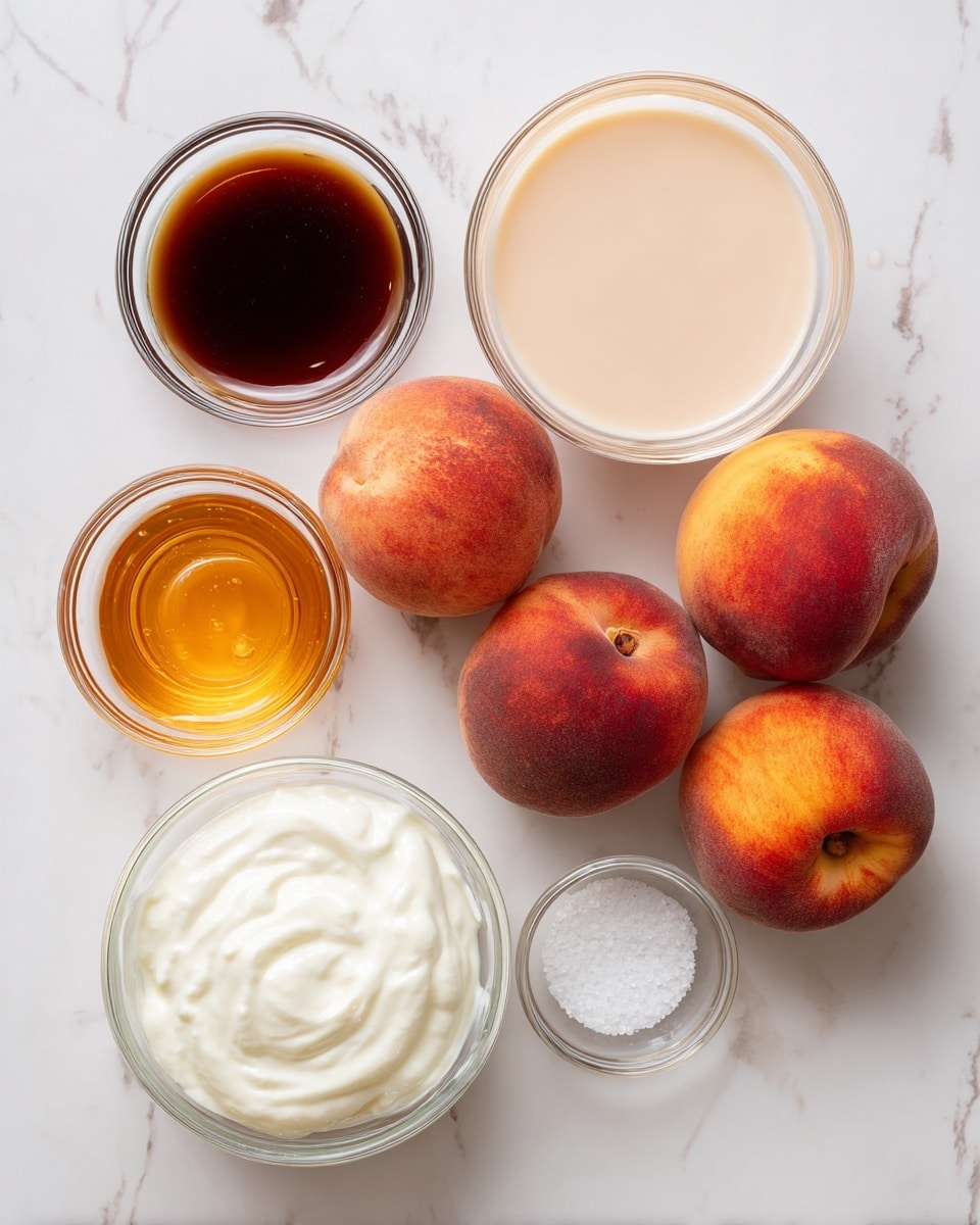 The image shows six separate items arranged on a white marbled surface: at the top left is a small clear glass bowl with a dark brown vanilla liquid; to the right is a glass bowl filled with a pale peach colored liquid labeled peach kefir; below the vanilla bowl are three whole ripe peaches with fuzzy reddish skin clustered together; to the right of the peaches is a small clear glass bowl with golden honey; below the peaches is a larger clear glass bowl filled with white heavy whipping cream; and next to the honey bowl is a tiny clear glass bowl with white salt. The items are spaced apart and neatly presented in a top-down view photo taken with an iphone --ar 4:5 --v 7