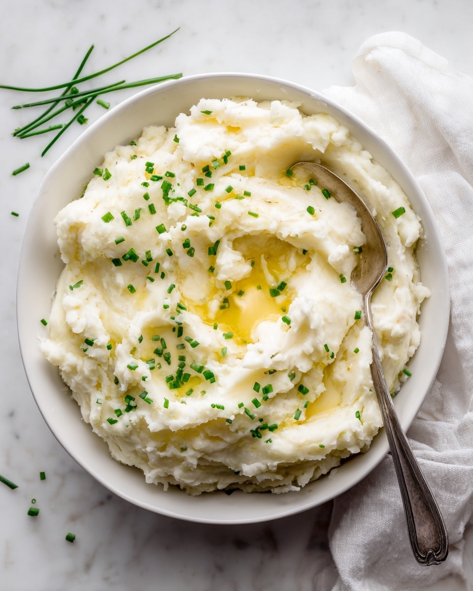 The dish is in a white bowl filled with creamy mashed potatoes that have a soft and smooth texture. A small square of melting butter sits in the center, creating a shiny yellow pool surrounded by the mashed potatoes. Small green chives are sprinkled evenly across the top, adding a touch of bright green color and contrast. A silver spoon rests inside the bowl on the right side, partially dipped into the mashed potatoes. The bowl is placed on a white marbled surface with a white cloth nearby. Photo taken with an iphone --ar 4:5 --v 7
