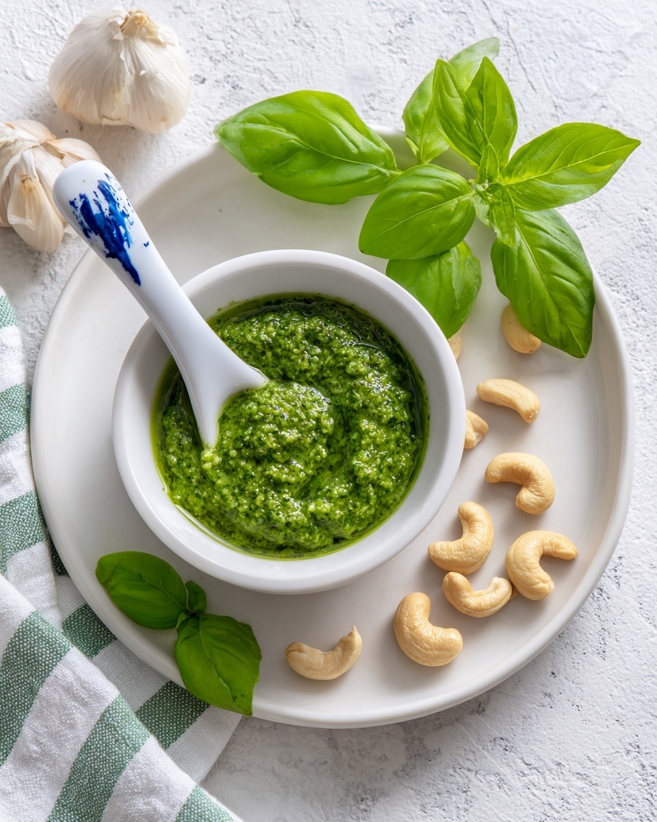 A white plate with three fresh green basil leaves placed on the edge and center. In the middle is a small white bowl filled with coarse green pesto sauce, with a white and blue spoon resting inside it. To the right side of the bowl, there are scattered light brown cashew nuts. The plate sits on a white marbled surface with a few garlic cloves and small basil leaves scattered around. A white and green striped cloth is partially visible in the background. Photo taken with an iphone --ar 4:5 --v 7