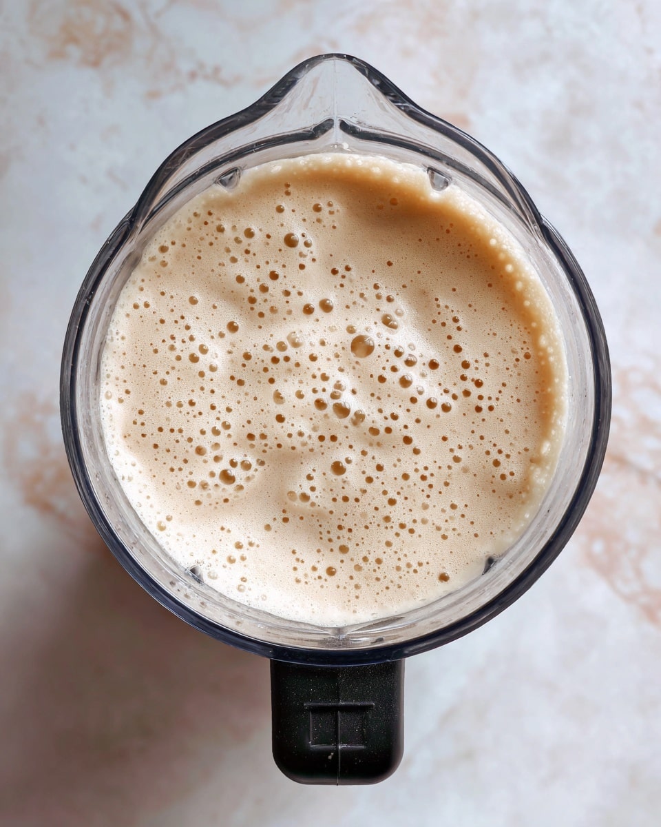 The image shows a top view of a blender jar filled with a light beige, frothy liquid that has many small bubbles on the surface. The blender jar is clear with a black handle at the bottom, and the mixture inside looks smooth and creamy. The background features a white marbled texture with some rough patches. photo taken with an iphone --ar 4:5 --v 7