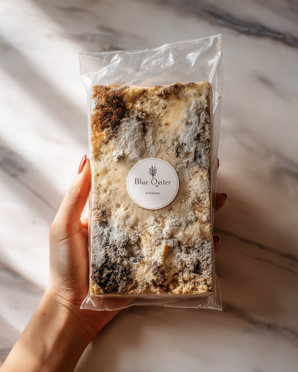 A clear plastic bag filled with a block of substrate showing white, gray, and brown patches of mushroom mycelium growth. The block inside has uneven textures with a mix of smooth and rough areas, and a small round white label in the center front that reads