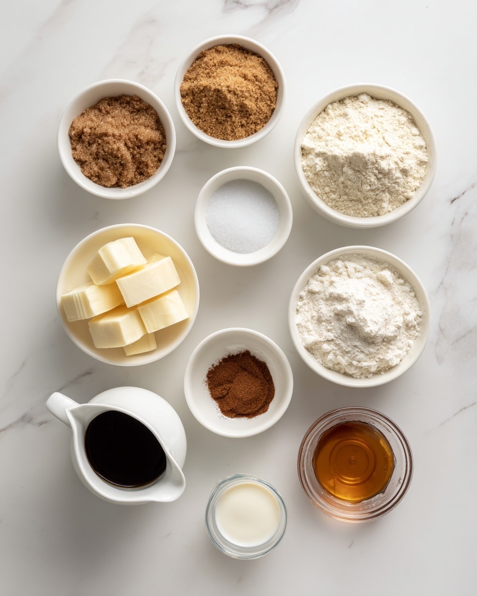 The image shows nine small white bowls and one small white pitcher arranged on a white marbled surface. The top row has three bowls: left with a coarse brown sugar mix, middle with fine light brown cinnamon sugar, and right with a pile of off-white flour with a few brown spots in the bowl pattern. Below these, on the left is a white bowl with several slices of pale yellow butter, beside it a small bowl with a mix of brown cinnamon and white baking powder or soda. In the center is a small round container with white salt. At the bottom left, a white pitcher holds a dark sticky liquid, likely molasses. Next to it, a small clear measuring cup with white liquid, possibly milk or cream. To the right is a glass bowl with a golden brown syrup or honey. Everything is neat and spaced out on a clean white marbled background. Photo taken with an iphone --ar 4:5 --v 7