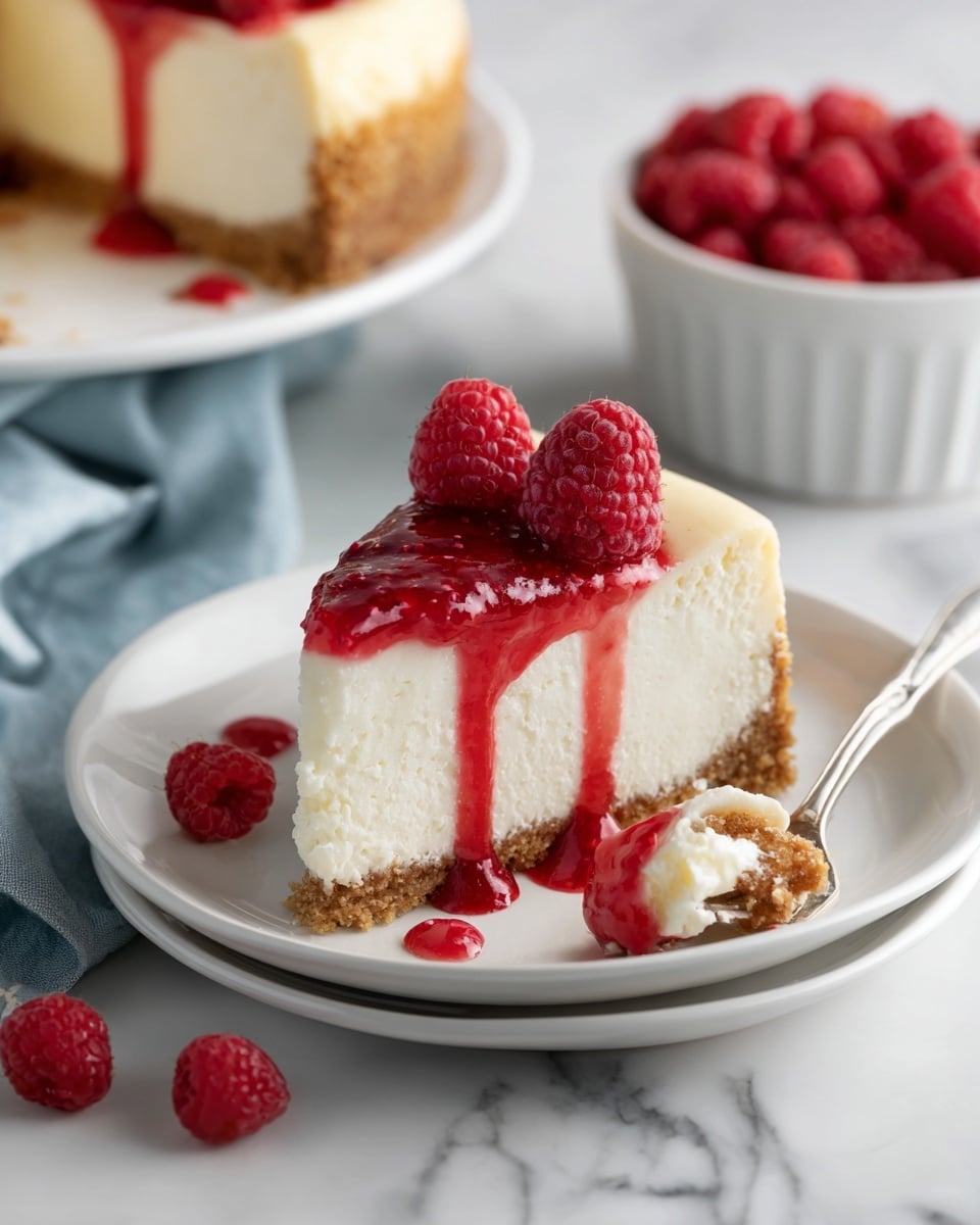 A slice of cheesecake is placed on a white plate, showing three layers: a thick light brown crumb crust at the bottom, a thick creamy white middle layer, and a thin glossy red raspberry sauce layer on top. Two fresh raspberries sit on the sauce at the center of the slice. Some red sauce drips down the sides and onto the plate with a few extra raspberries scattered around. A fork with a bite-sized piece of cheesecake rests on the plate edge. In the background, another slice of cheesecake with similar layers and sauce is on a white plate, and a white bowl filled with fresh raspberries is visible. The whole scene is set on a white marbled textured surface with a soft blue cloth nearby. Photo taken with an iphone --ar 4:5 --v 7