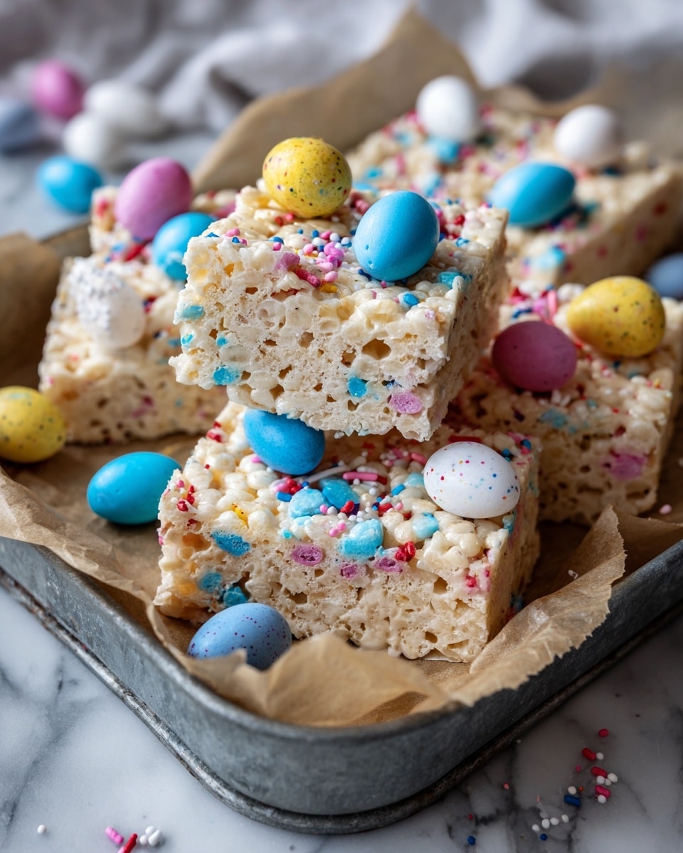 A tray filled with pieces of white crispy rice treat bark scattered unevenly. The bark has a creamy white base mixed with puffed rice and is topped with colorful candy-coated chocolate eggs in pastel pink, blue, yellow, and white colors. Some candies are whole while others are broken, showing a chocolate inside. The tray is metal with a sheet of parchment paper underneath the treats, and the background is a white marbled surface. photo taken with an iphone --ar 4:5 --v 7