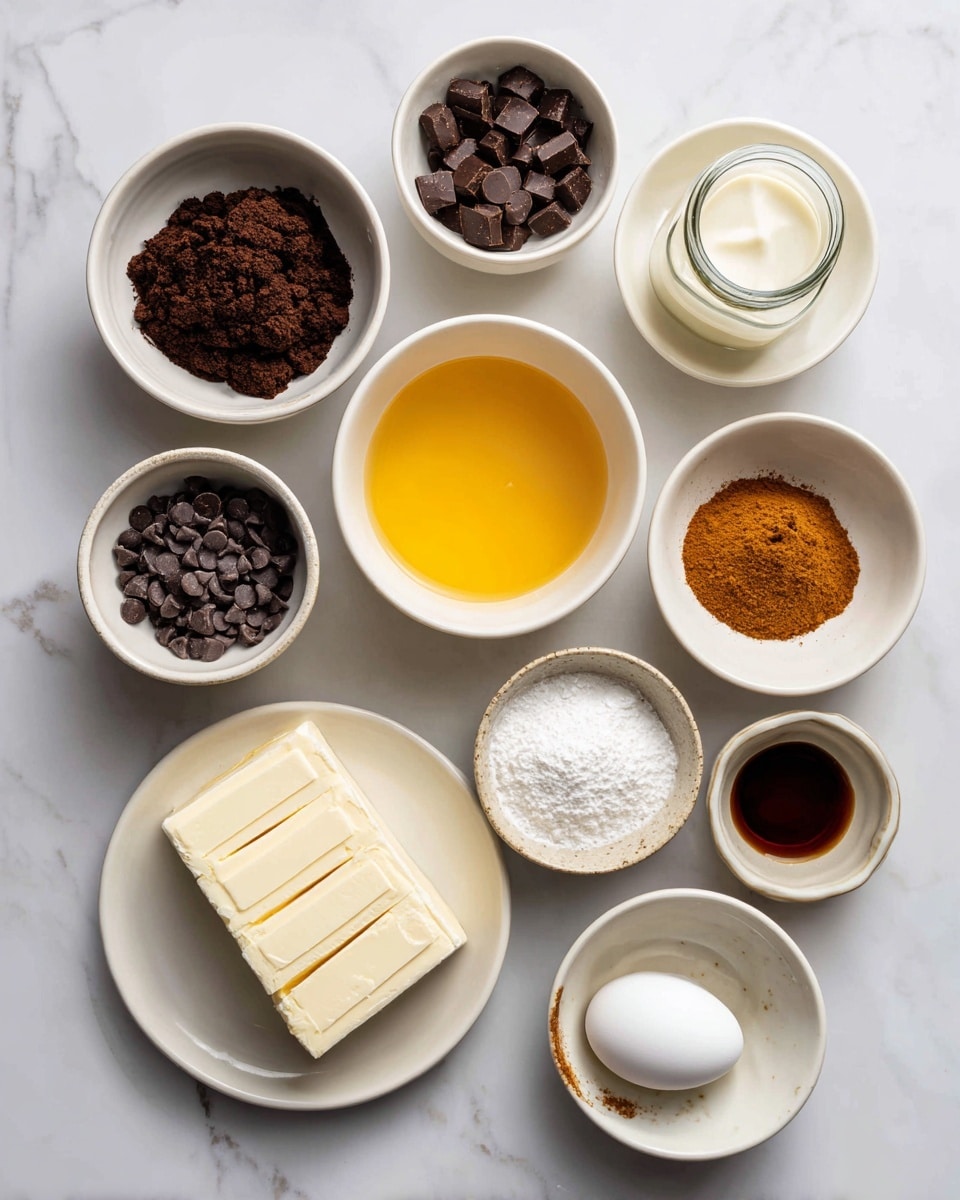 The image shows different ingredients laid out neatly on a white marbled surface. There are nine white bowls and plates, each holding a different ingredient: a bowl with dark brown cookie crumbs, a bowl with melted yellow butter, a small jar of white cream, a small bowl with chocolate chips, a bowl with a dark brown liquid, a small bowl of cinnamon powder, a plate with a block of white cream cheese, a bowl filled with white sugar, and a small bowl holding a single white egg. There is also a small dish with a dark brown liquid near the bottom right. All the bowls and plates are arranged in a loose circle, all photographed from above. Photo taken with an iphone --ar 4:5 --v 7