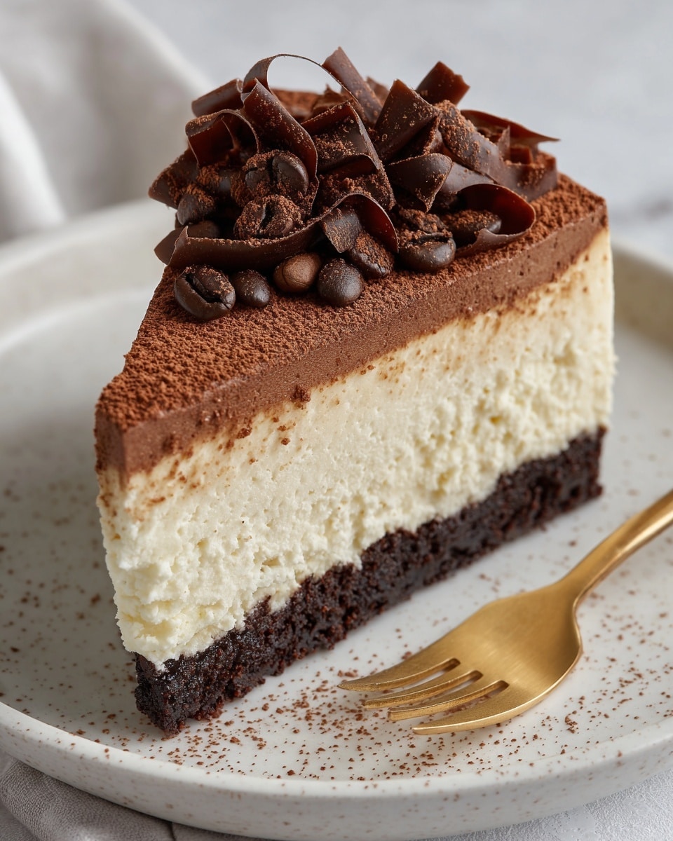 A slice of cheesecake with three visible layers sits on a white plate over a white marbled surface. The bottom layer is thick, dark, and crumbly, appearing like a chocolate cookie crust. The middle layer is creamy, light beige, and thick with a smooth, airy texture. The top layer is a thinner, glossy, dark chocolate ganache, sprinkled lightly with cocoa powder. On the ganache, there are curled and round chocolate decorations clustered in the center. A small triangular piece has been removed from the slice and is held by a golden fork to the left of the cheesecake. Photo taken with an iphone --ar 4:5 --v 7