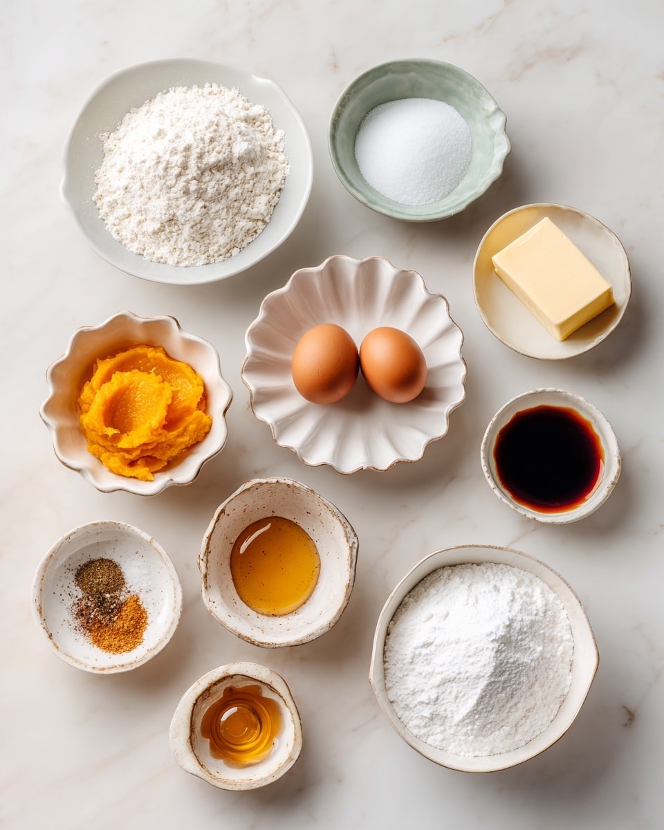 The image shows nine small white bowls arranged on a white marbled surface, each holding different baking ingredients. From the top left, the first bowl contains white flour, the second bowl next to it is filled with granulated white sugar, and to the right is a bowl with a pale yellow stick of butter. Below these, a scallop-edged white bowl holds a bright orange pumpkin puree, next to it a small shell-shaped bowl holds two brown eggs. To the right, there is a small rustic white bowl with dark amber vanilla extract, and next a small white bowl with golden honey. On the bottom left, a shallow white bowl contains a mix of brown and white spices, and to the right, a larger white bowl is filled with white powdered sugar. Photo taken with an iphone --ar 4:5 --v 7