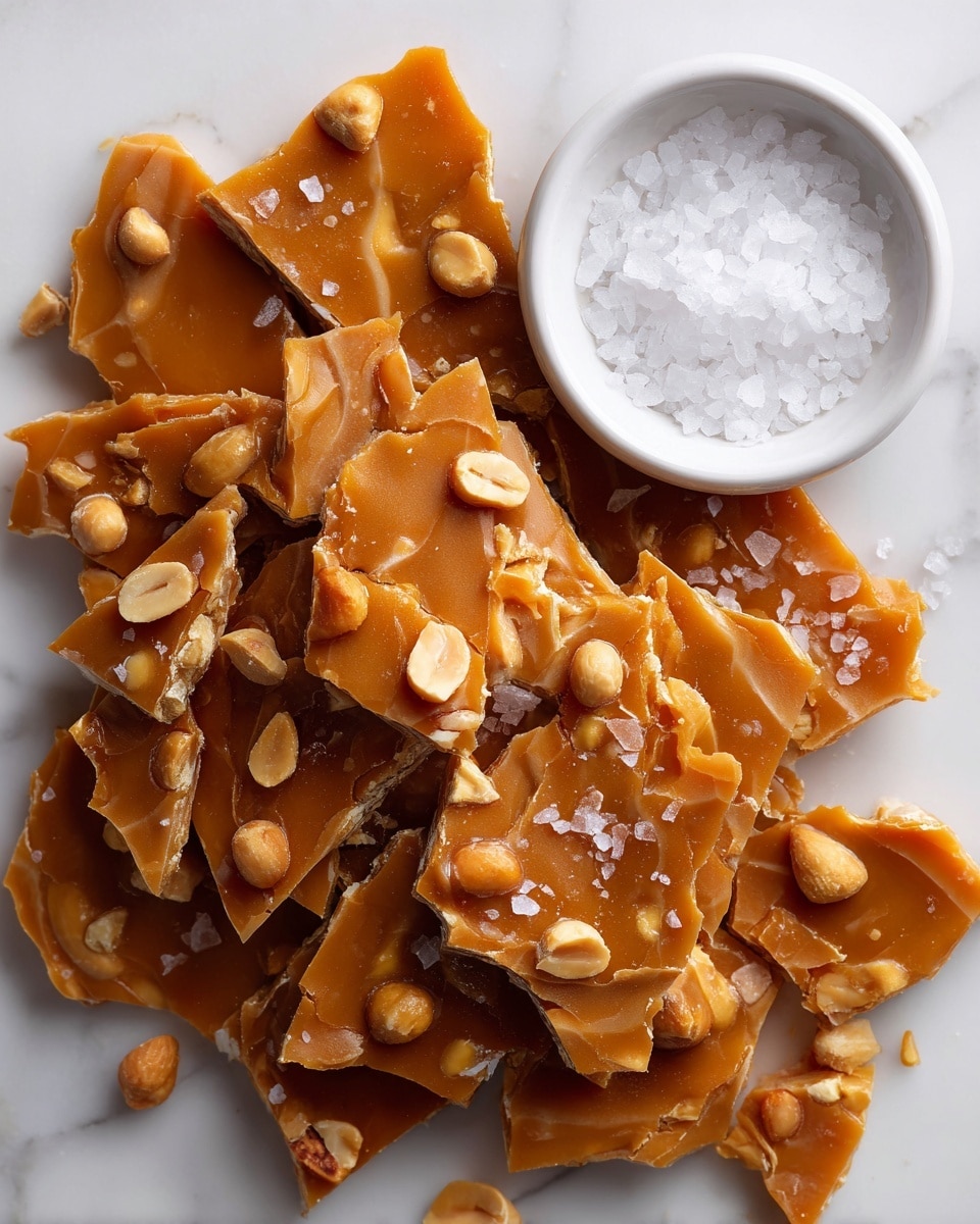 Broken pieces of light brown peanut brittle with visible chunks of nuts are piled together showing a shiny, smooth texture on top. Some white flaky salt sprinkles are scattered over the brittle, adding contrast. The background is a white marbled surface, and a white bowl filled with coarse salt is partially visible in the upper right corner. Photo taken with an iphone --ar 4:5 --v 7