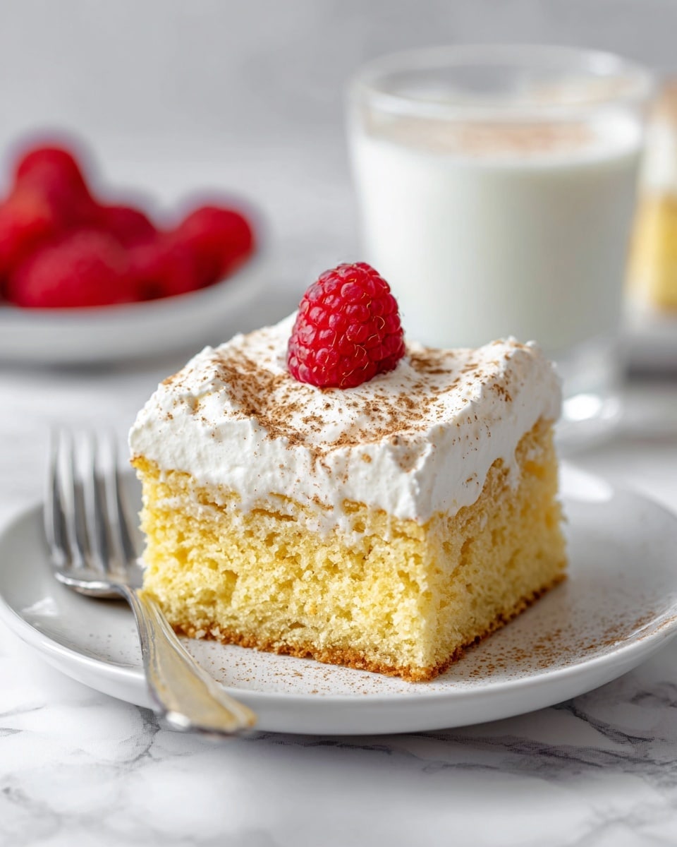 A slice of three-layer dessert sits on a white plate with a silver fork to the left. The bottom layer is a yellow, moist cake like sponge, the middle layer is a thin layer of soaked cake, and the top layer is a thick, creamy white frosting sprinkled lightly with brown cinnamon powder. On top of it all is a single bright red raspberry. In the background, there is a clear glass pitcher filled with white liquid and a blurred white bowl containing red raspberries, all set on a white marbled surface. Photo taken with an iphone --ar 4:5 --v 7
