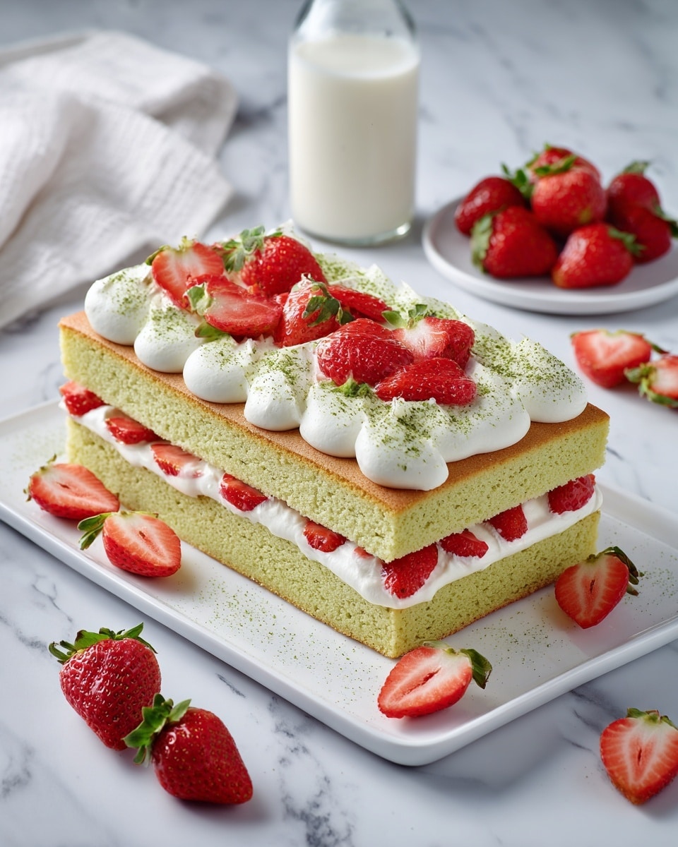 A white rectangular plate holds a two-layer green sponge cake with a thick white cream filling between the layers. The top layer is decorated with white whipped cream swirls and halved fresh strawberries placed evenly on top. Around the plate, whole and halved strawberries are scattered on a white marbled surface. In the background, there is a small white plate filled with whole strawberries next to a glass bottle of milk. A white cloth is casually placed near the cake. Photo taken with an iphone --ar 4:5 --v 7