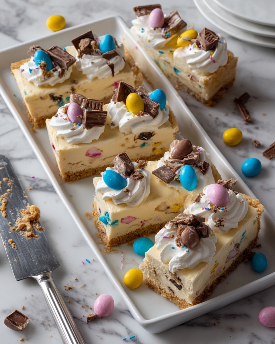 The image shows a white rectangular dessert cut into six triangular slices arranged in two rows on a white marbled surface. The dessert has two layers: a smooth, creamy white top layer with colorful candy pieces embedded in it, and a darker base layer visible lightly at the slices' sides. Each slice is topped with a small swirl of white whipped cream decorated with broken pieces of colorful candy-coated chocolate. To the left of the dessert is a knife with some white cream on the blade, and in the lower right corner, there is a white bowl filled with pastel-colored candy eggs. The whole setup is clean and bright, with a soft, natural light highlighting the dessert’s texture. Photo taken with an iphone --ar 4:5 --v 7