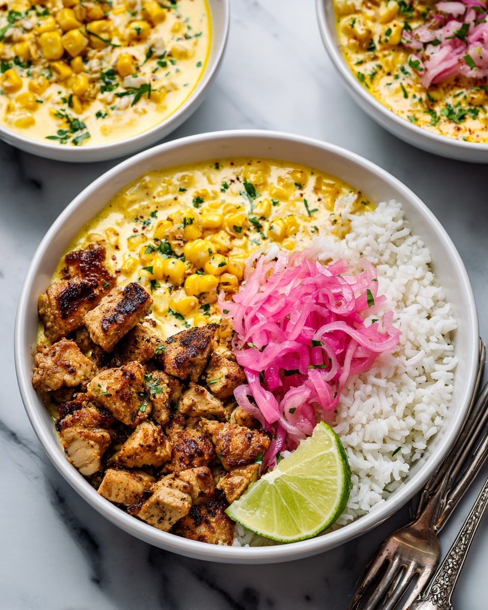 The dish is served in a white scalloped bowl filled with three main layers: the bottom layer is fluffy white rice, the middle layer consists of browned, small pieces of cooked chicken with a slightly crisp texture, and the top layer is a creamy mix of yellow corn kernels, green herbs, and a light sauce with a smooth texture. On one side, there is a wedge of bright green lime, and on the other side, a small pile of thinly sliced bright pink pickled onions adds an accent of color. The bowl sits on a white marbled surface, and a spoon is placed inside the bowl on the right side. In the background, there are other white bowls with a similar yellow corn mixture, and a pink drink is partially visible. Photo taken with an iphone --ar 4:5 --v 7