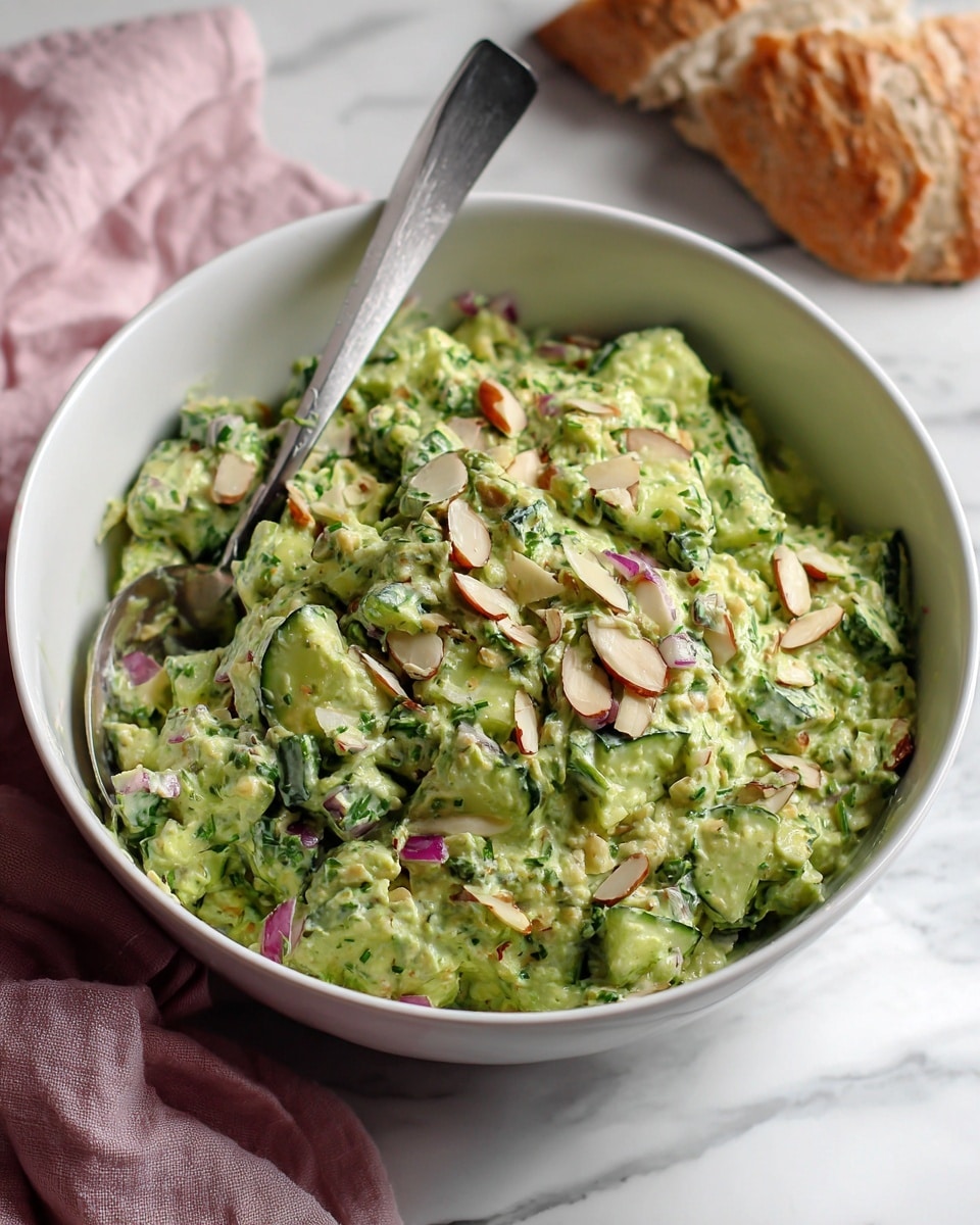 The image shows a white bowl filled with a chunky green salad that has about three layers of mixed ingredients. The first layer includes small green pieces of cucumber and herbs, with a creamy light green sauce coating the mixture, giving it a thick and textured look. The second layer shows small bits of red onion and slivered almond pieces scattered evenly throughout, adding a mix of colors and textures. The top layer has more of the creamy green sauce, slightly uneven, with some visible small red specks of seasoning. A silver spoon is partially inside the salad on the right side. The bowl is set on a white marbled surface, and a baguette is placed in the background. Photo taken with an iphone --ar 4:5 --v 7