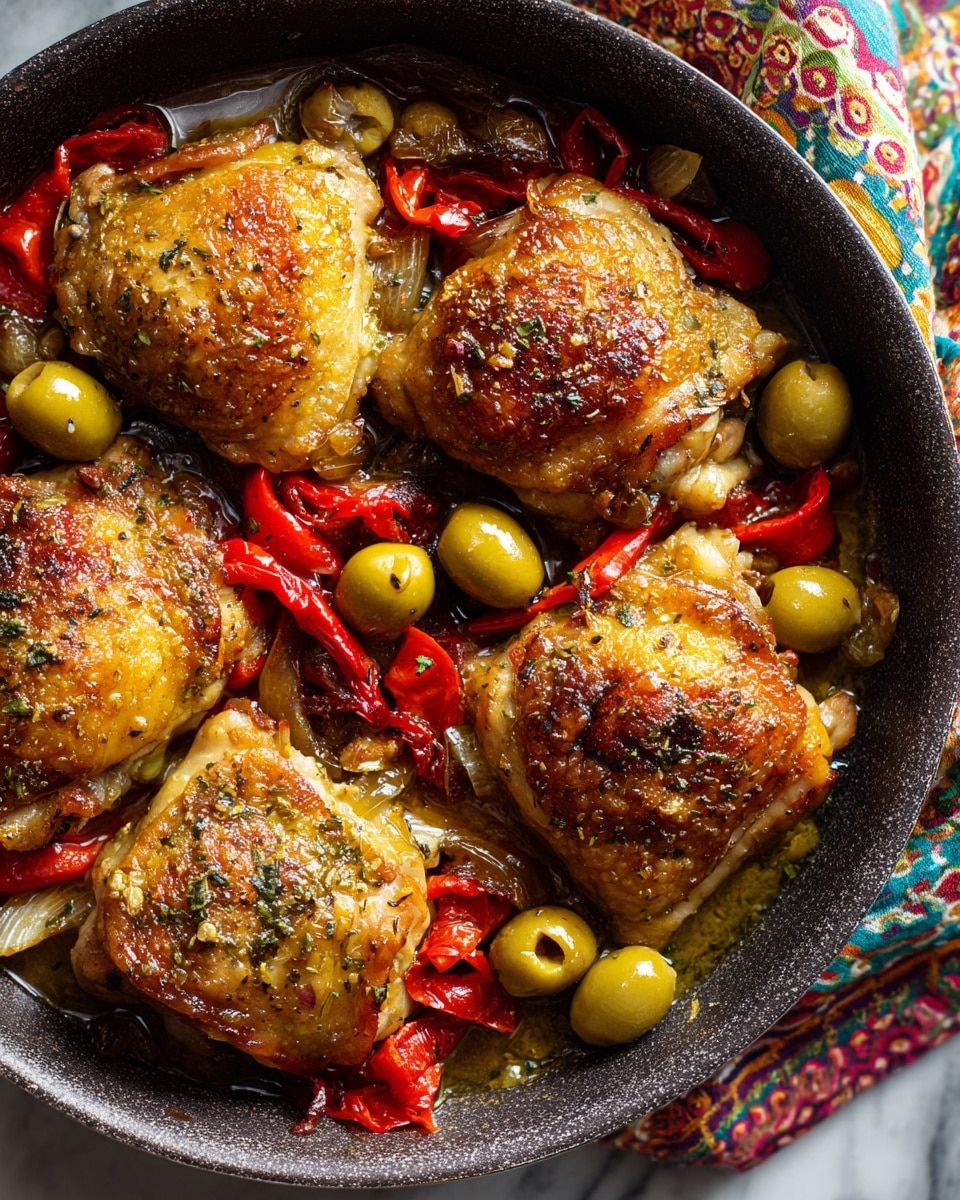 A black pan holds six pieces of golden-brown roasted chicken with crispy skin, arranged in a slightly overlapping pattern. Around the chicken are layers of bright green olives, roasted red peppers with a slightly darkened, charred look, and light yellow artichoke hearts with some browning from roasting. The ingredients are mixed closely together, creating a colorful contrast between the warm brown chicken, deep red peppers, green olives, and pale artichokes against the black pan. The pan sits on a white marbled surface. Photo taken with an iphone --ar 4:5 --v 7