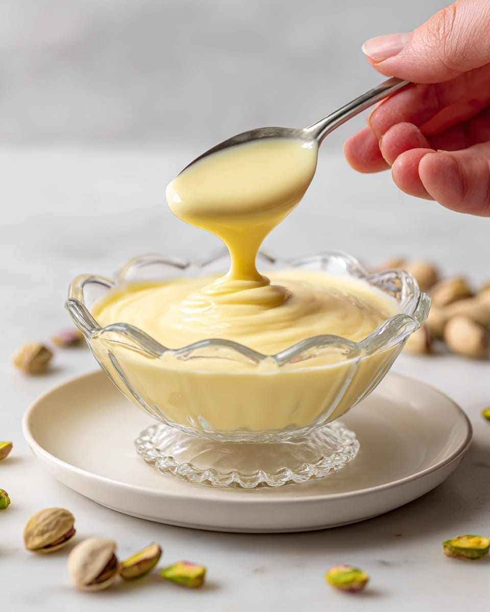 A glass bowl filled with a thick, creamy pale yellow sauce is placed on a white plate, sitting on a white marbled surface. A spoon lifts a portion of the smooth sauce from the bowl, showing its thick texture as it drapes over the spoon. Around the bowl, scattered green and brown pistachio nuts add small spots of color to the clean white marbled background. A woman's hand holding the spoon is visible in the top right corner of the image. photo taken with an iphone --ar 4:5 --v 7