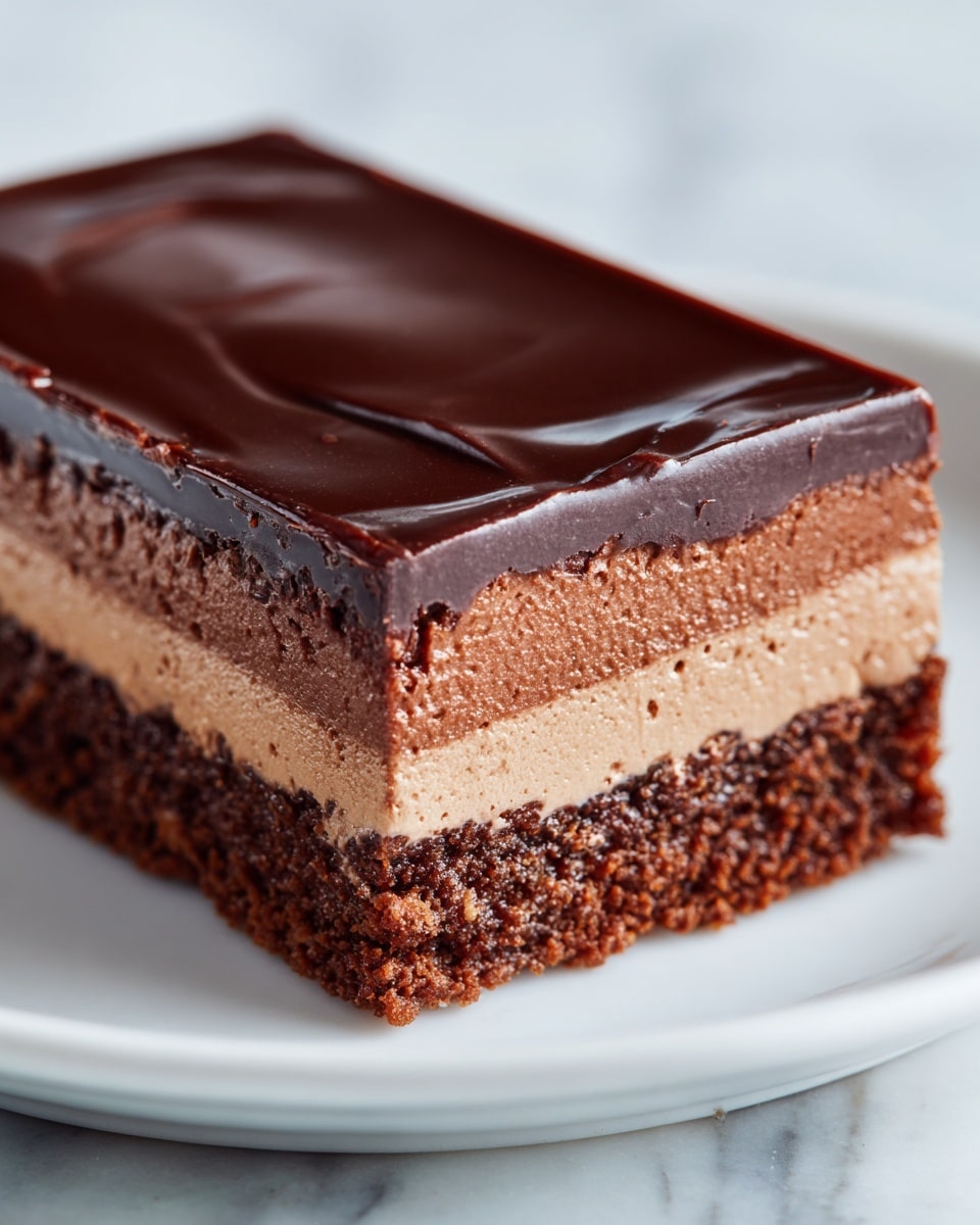 A close-up of a single chocolate treat shows three clear layers: the outer layer is a smooth, shiny dark chocolate coating that covers the entire shape with slight ripples; the middle layer is a dark brown, slightly textured chocolate shell that is thicker along the base and sides; the innermost layer is a light brown, creamy filling with a soft and smooth texture shaped like a thick wedge, filling most of the interior. The treat sits on a white plate on a white marbled surface. Photo taken with an iphone --ar 4:5 --v 7
