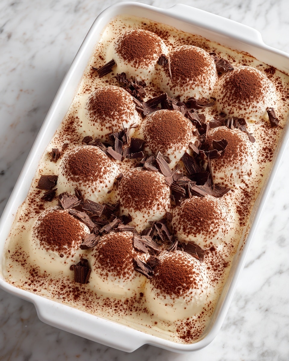 A white rectangular dish filled with a dessert that has multiple small mounds of light brown cream, each mound dusted with fine cocoa powder and topped with small dark chocolate shavings. The mounds are arranged closely in a grid-like pattern, covering the entire surface of the dessert, with the cocoa powder scattered around the edges and between the mounds. The dish rests on a white marbled surface, with some cocoa powder lightly spread outside the dish's edges. Photo taken with an iphone --ar 4:5 --v 7