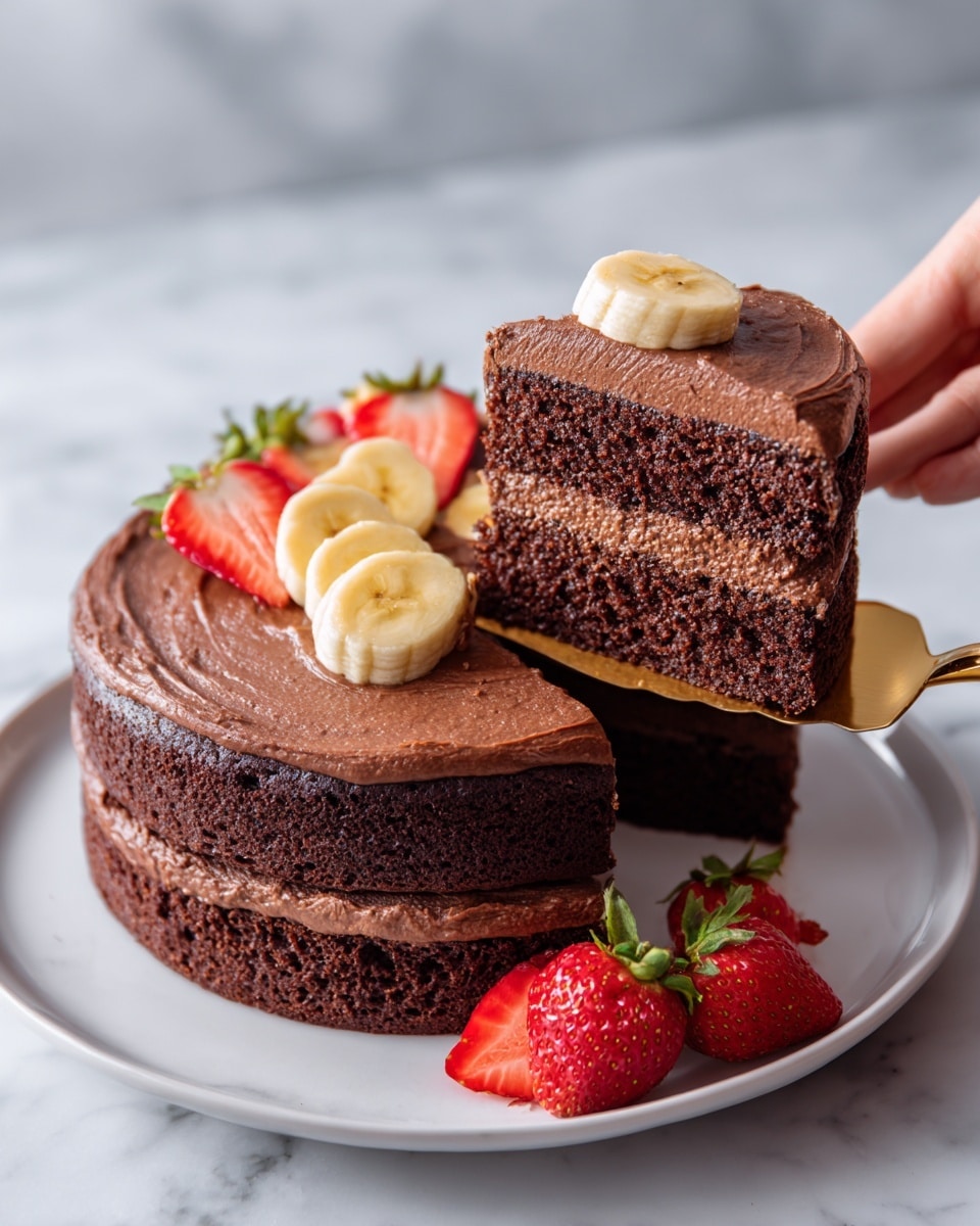 A two-layer dark chocolate cake with smooth, rich chocolate frosting covers the entire cake, including the thick frosting between the layers. The top of the cake has a single slice of banana as decoration. A slice of cake is lifted next to the cake, showing the moist texture and creamy frosting inside. On the white plate beside the cake, there are halved strawberries and banana slices. The background is a white marbled texture. Photo taken with an iphone --ar 4:5 --v 7