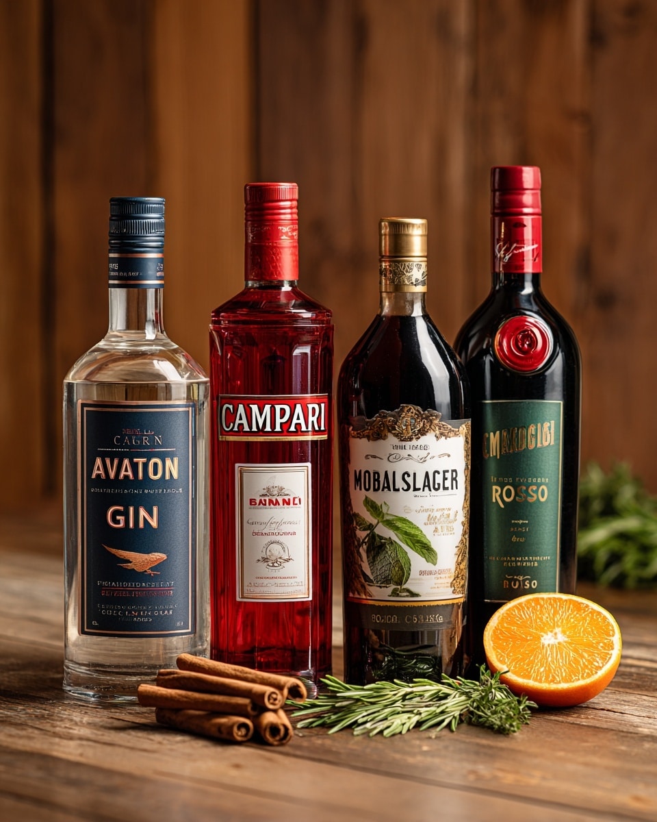 The image shows four bottles standing upright on a brown wooden surface. From left to right, there is a clear rectangular bottle labeled