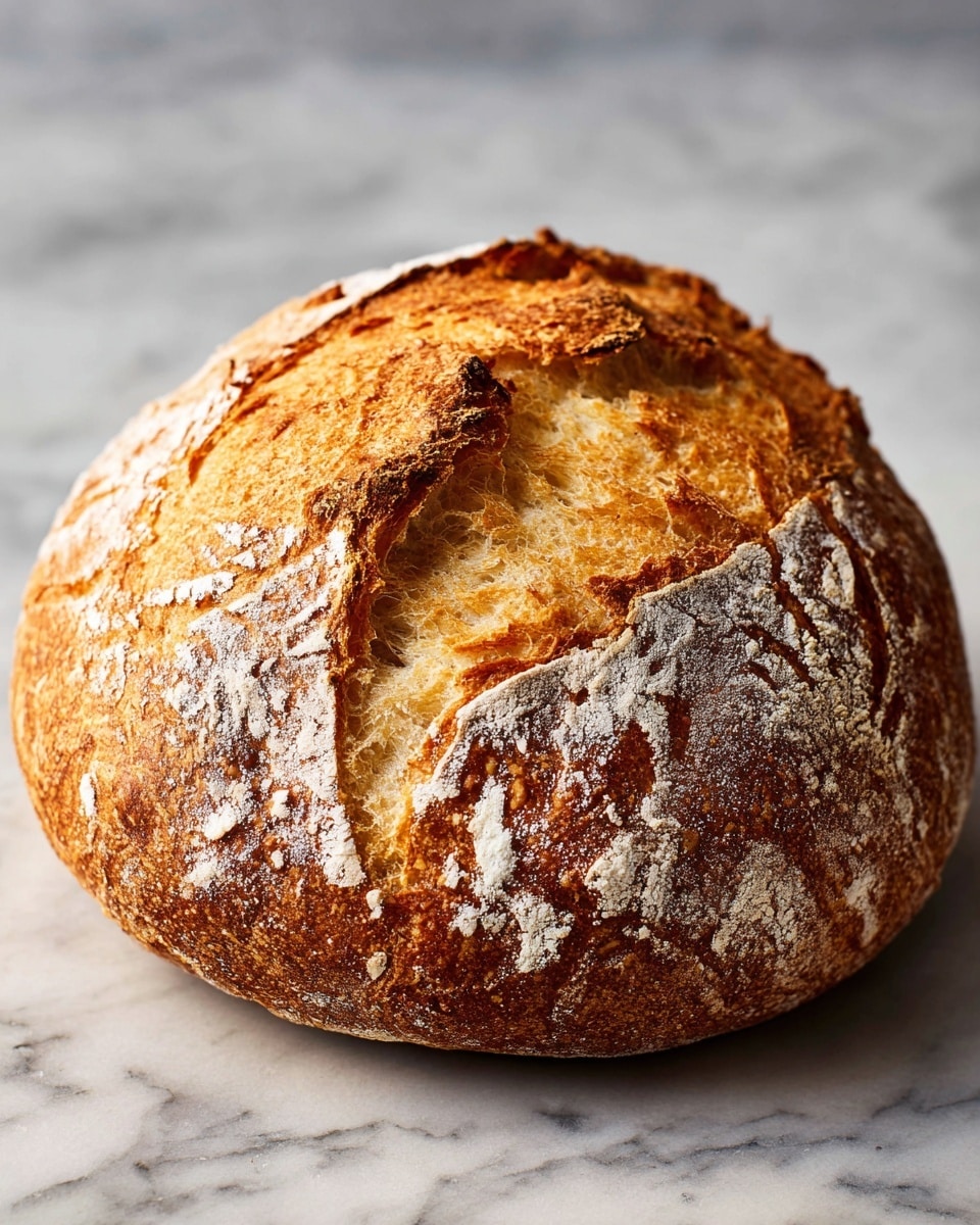 A round loaf of bread sits on a white marbled surface, showing a golden brown crust dusted with white flour. The crust has a rough, cracked texture with a deep central split exposing the lighter, soft inner bread. The bread looks thick and rustic, with a mix of crunchy and soft appearance. The background is a clean light grey with a soft blur, keeping full focus on the bread. photo taken with an iphone --ar 4:5 --v 7