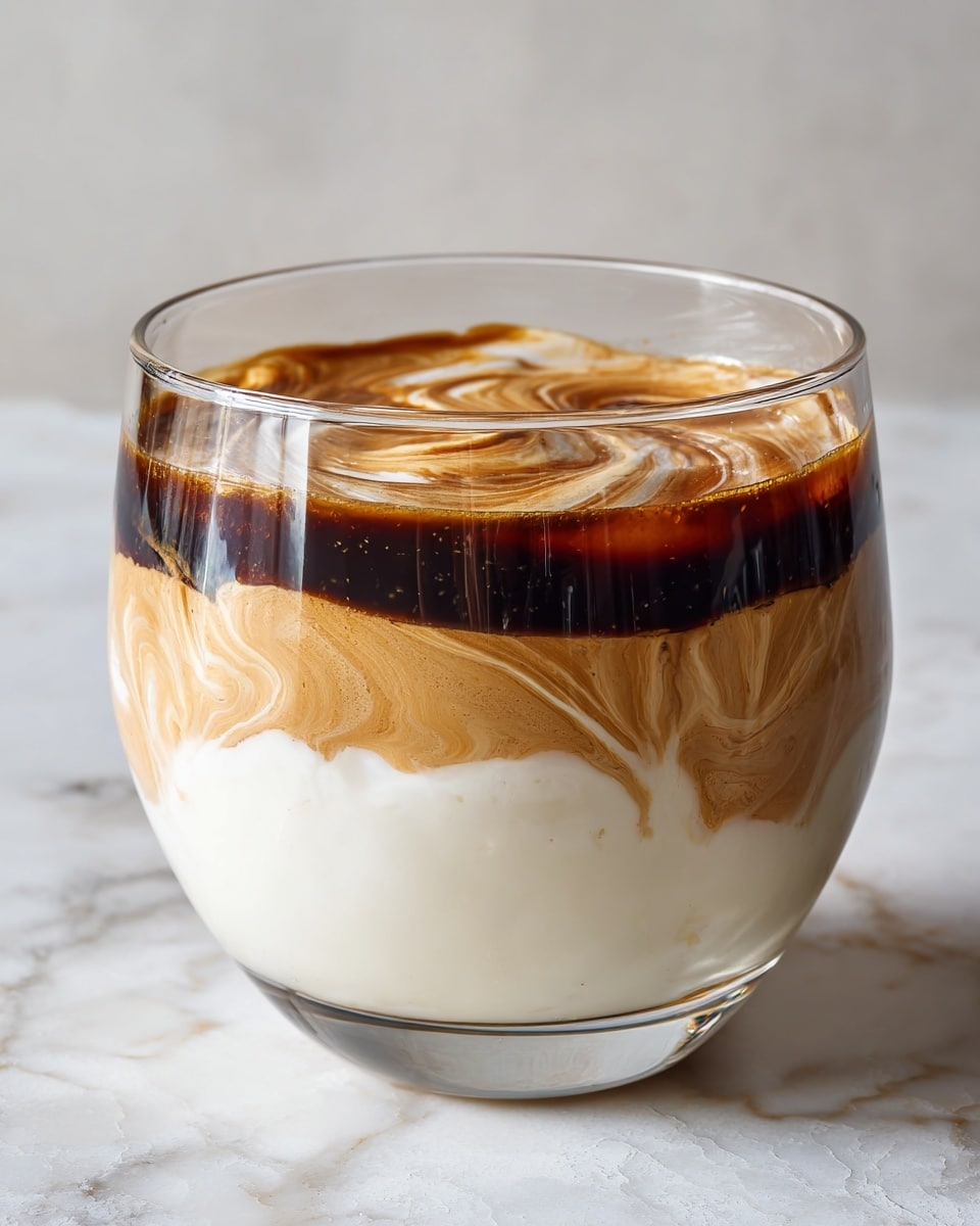 A transparent glass bowl on a white marbled surface holds a dessert with three clear horizontal layers. The bottom layer is smooth and white, with a creamy texture. The middle layer above is a swirled light beige, blending softly with the layers above and below. The top layer is a thin, dark brown liquid that sits unevenly on the beige layer, showing some mixing between the layers. The bowl itself is simple and clear, showing all layers from the side. Photo taken with an iphone --ar 4:5 --v 7