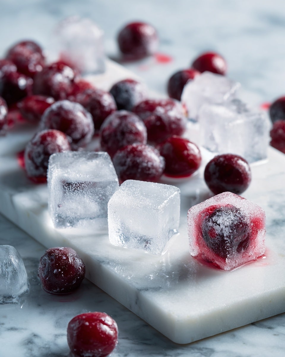 The image shows a white cutting board on a white marbled surface. On the cutting board, there is a layer of frozen dark red cherries with a frosty texture. Below the cutting board, scattered on the white marbled surface, are translucent white ice cubes mixed with a few dark red cherries. The ice cubes are of different shapes, some long and some short, with smooth and shiny textures. The red cherries contrast sharply against the white ice cubes and the white marbled background, creating a cool and fresh look. photo taken with an iphone --ar 4:5 --v 7