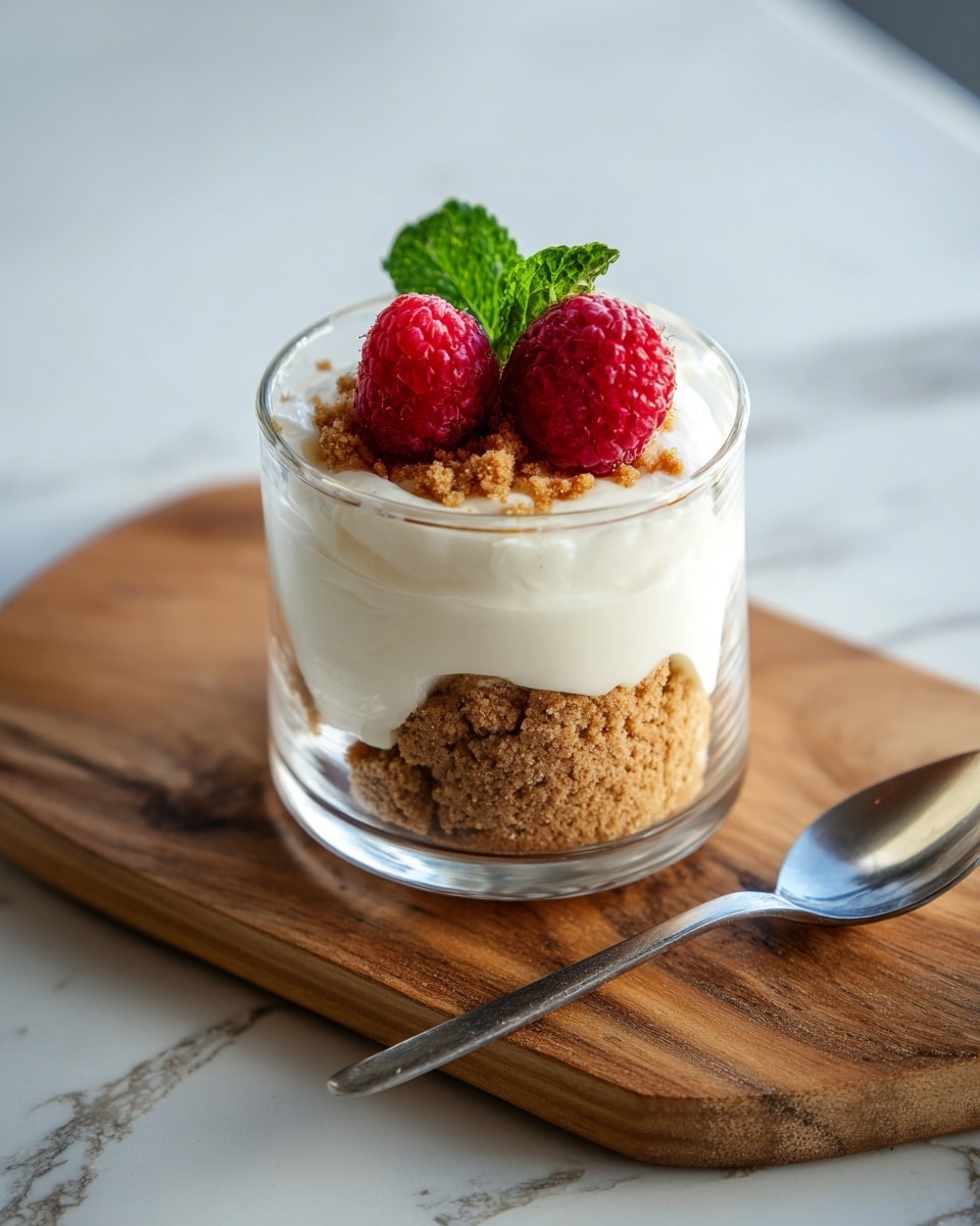 A clear glass cup contains two layers: the bottom layer is a crumbly, light brown cookie or biscuit base with a rough texture, and the top layer is smooth, creamy white whipped cream swirled softly on top. Two bright red raspberries and a sprig of fresh green mint leaves rest on the whipped cream as decoration. The glass is placed on a small, dark wooden square board, with a metal spoon lying to the right side. The background has a white marbled texture with blurred elements of a milk bottle and some scattered red strawberries in the distance. Photo taken with an iphone --ar 4:5 --v 7
