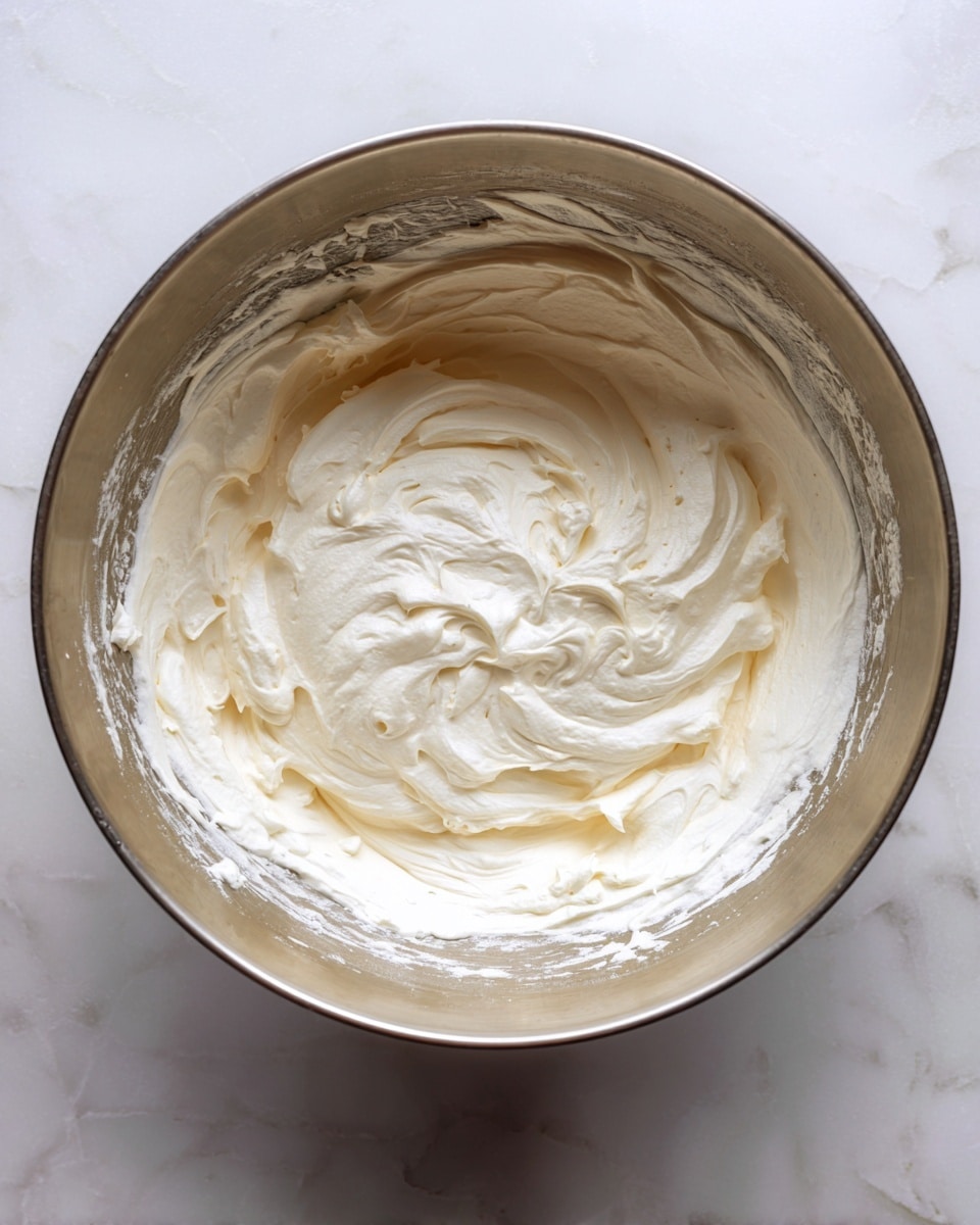 A top view of a metal mixing bowl filled with a fluffy, whipped white cream mixture that looks soft and airy. The cream fills most of the bowl, showing thick, light, and smooth texture with small peaks. The inside surface of the bowl has small splatters of the cream around the edges. The bowl is placed on a white marbled surface, providing a clean and bright background. photo taken with an iphone --ar 4:5 --v 7