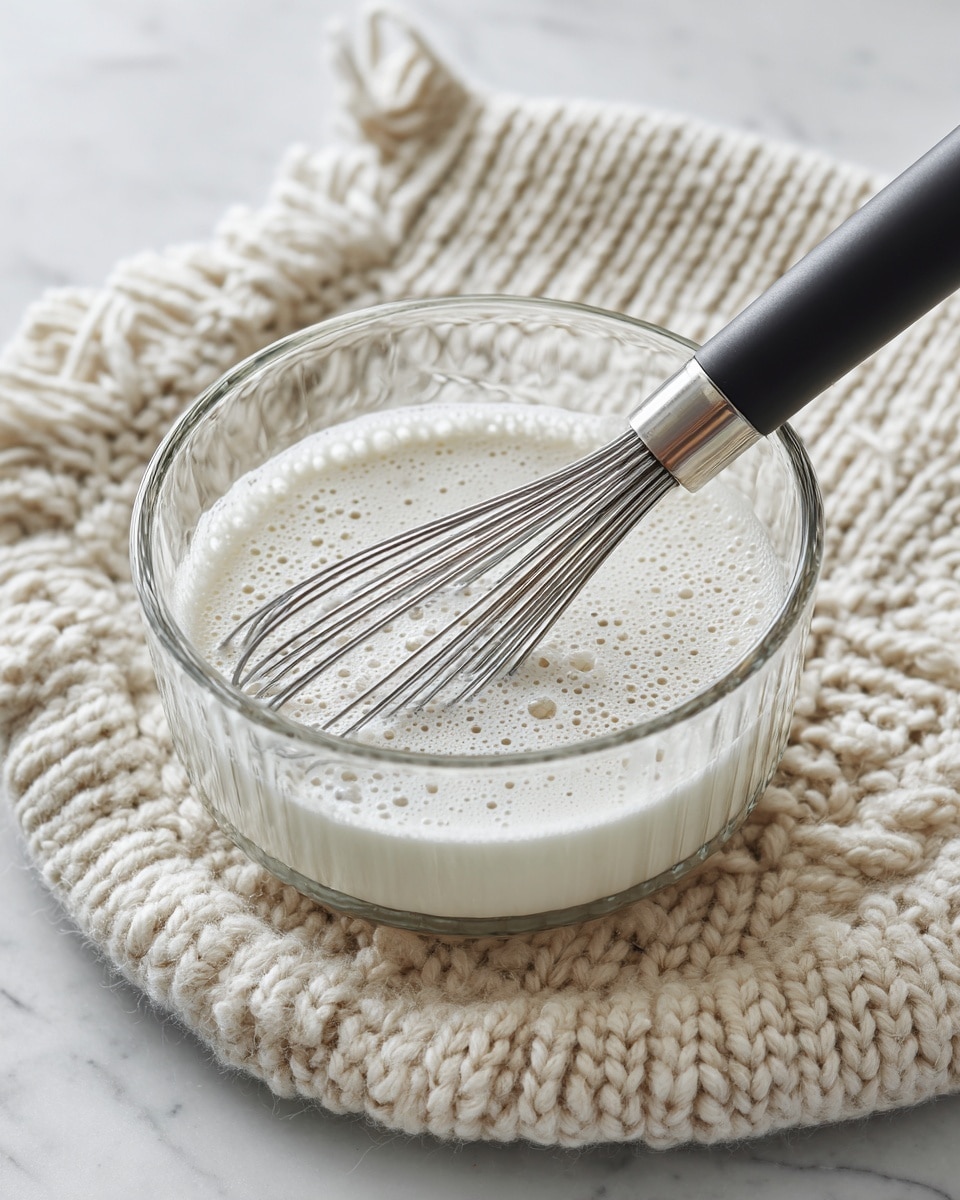 A clear glass bowl sits on top of a clear saucepan, which rests on a chunky cream knitted pad placed on a white marbled surface. Inside the bowl is a frothy white liquid being mixed with a metal whisk. The liquid has many small bubbles, giving it a light, airy texture. The saucepan has a black handle with a silver end, and the whisk is metal with thin wires spreading out. The scene shows a close-up of the mixing process, with the focus on the bowl's contents and the whisk. photo taken with an iphone --ar 4:5 --v 7