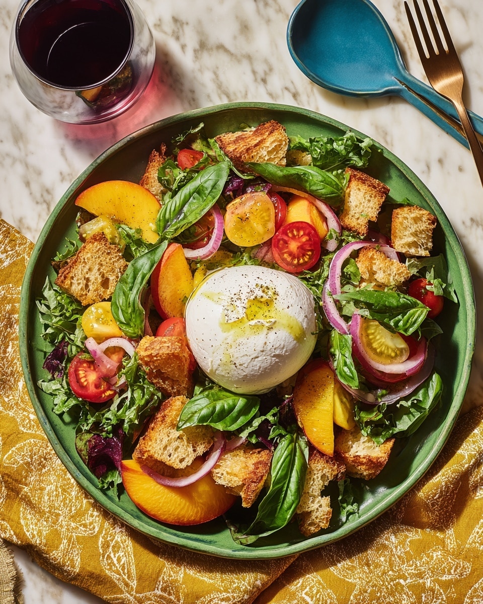 A large round white plate is filled with a colorful salad made of three main layers: the first layer consists of golden brown toasted bread pieces scattered all over; the second layer has bright yellow peach slices, halved red and yellow cherry tomatoes, and thin rings of purple-red onion spread evenly; the top layer is bright green fresh basil leaves scattered around and a single white burrata cheese placed in the center with a drizzle of olive oil and a dash of black pepper. The plate is set on a white marbled surface with a yellow cloth and a turquoise spoon nearby, and a glass of dark red wine is positioned at the top left corner. photo taken with an iphone --ar 4:5 --v 7
