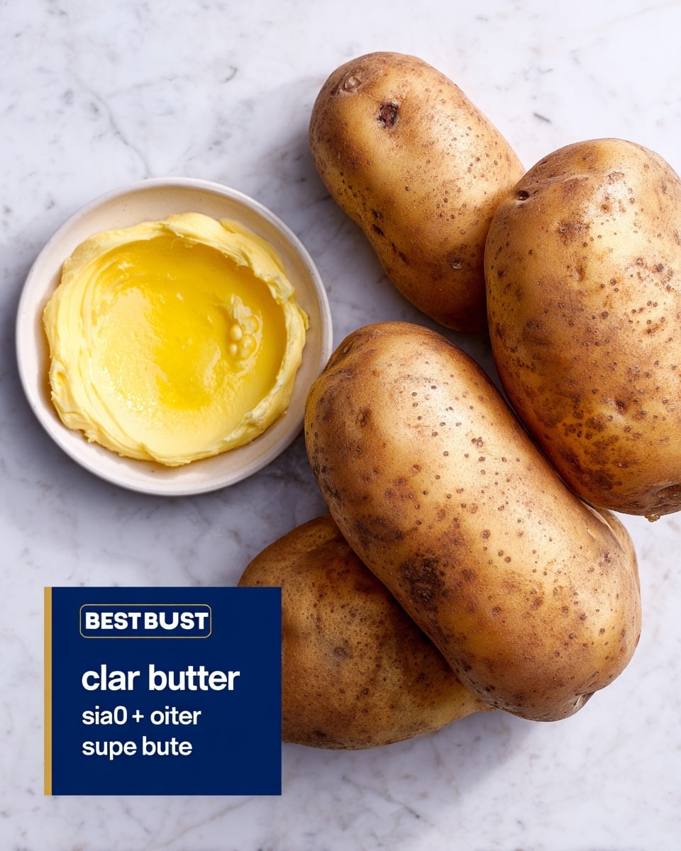 The image shows four whole brown potatoes with rough, slightly spotted skin placed together on a white marbled surface. To the left of the potatoes, there is a small white plate holding a bright yellow scoop of clarified butter or ghee. The overall scene is simple, clean, and well-lit, highlighting the natural texture and color of the potatoes and butter. There is also a dark blue box with white text labeling