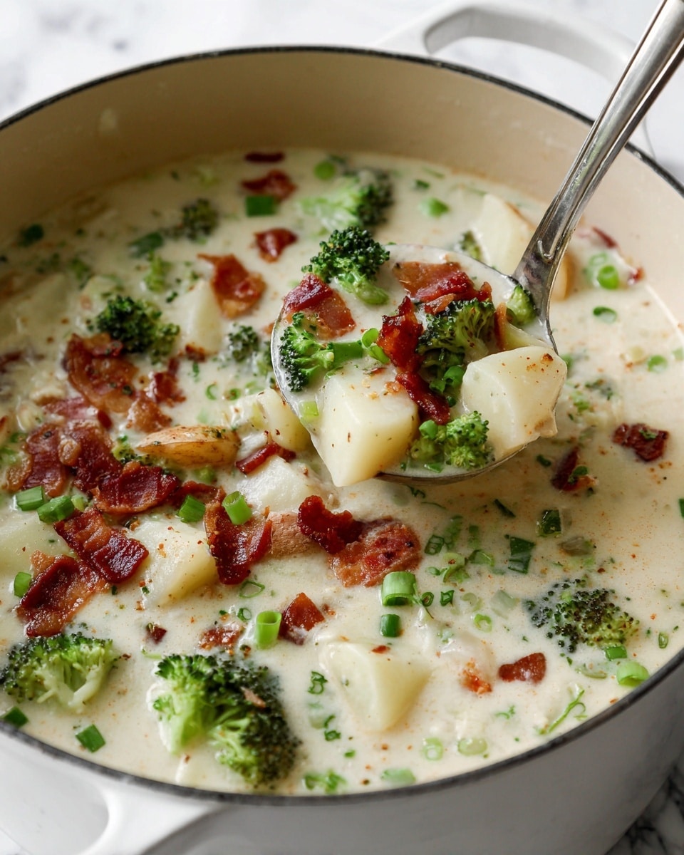 A close-up of a pot filled with creamy white soup that has a smooth thick texture. Inside the soup, there are small green broccoli florets scattered throughout, light yellow potato cubes, and reddish-brown bacon pieces mixed evenly on top. A metal ladle rests inside the pot, partially submerged in the soup, reflecting some light. The pot is white and sits on a white marbled surface. photo taken with an iphone --ar 4:5 --v 7